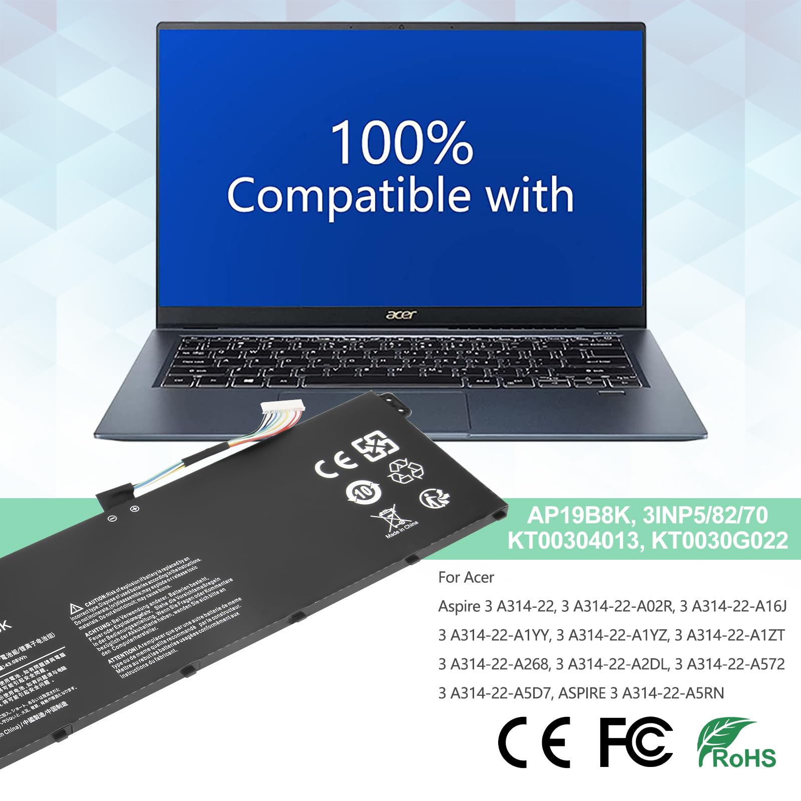 Batteria AP19B8K Per Acer Extensa E Aspire – 11.25V 43.08Wh, Compatibile Con EX215-54 E A315-56