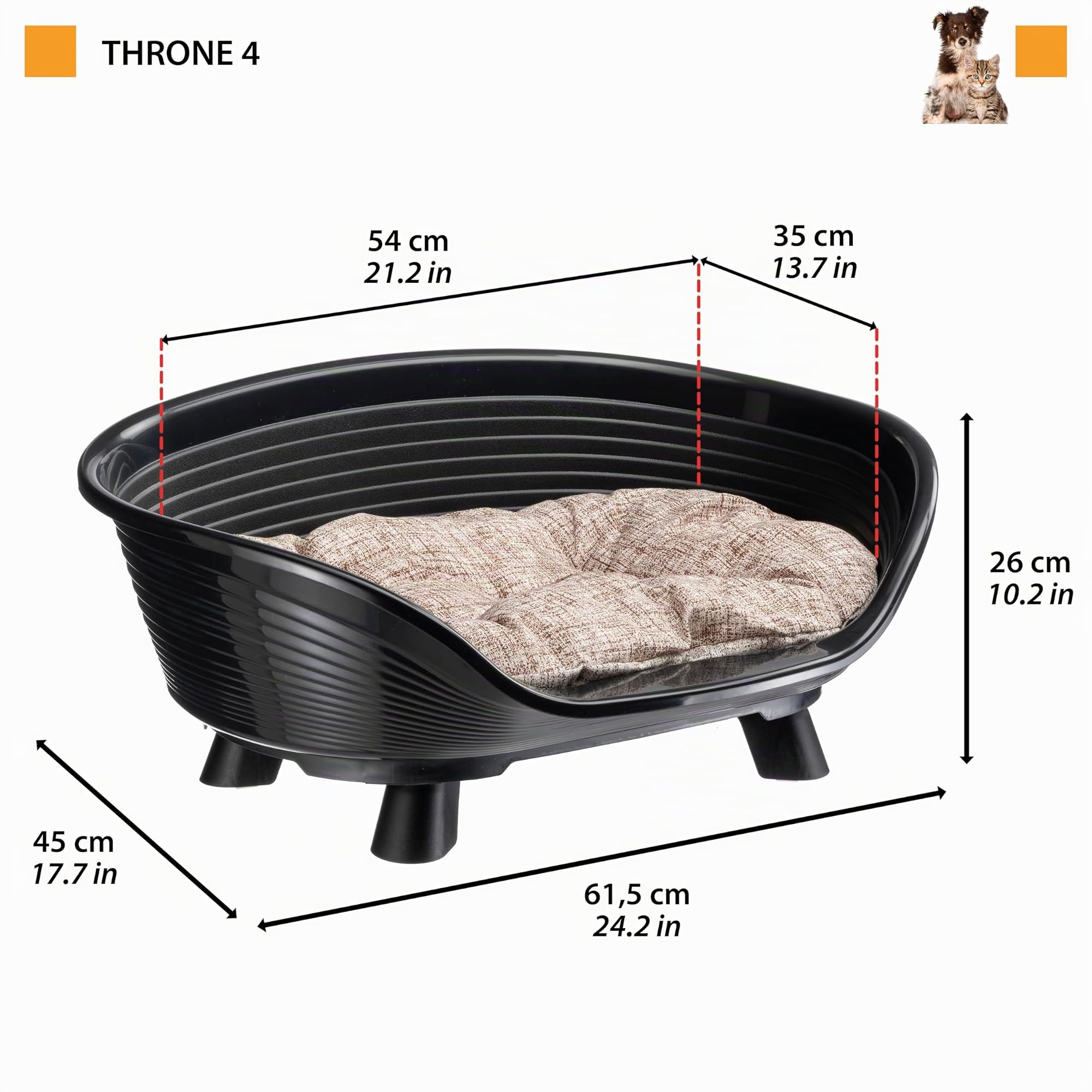 Ferplast Cuccia Cane e Gatto con Cuscino in Cotone, Cuccia Rialzata, Lettino per Cani Gatti da Interno, Traspirante e Antiscivolo, THRONE 61,5 x 45 x h 26 cm, Nero