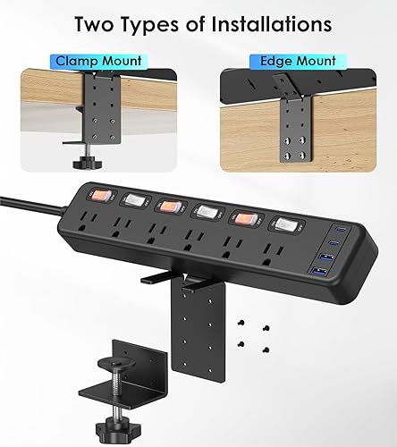 Miniatura 2 de JUNNUJ Clamp Power Strip - Escritorio de pie con USB C de 20 W, protector de sobretensiones de escritorio 2 en 1, salida de montaje en borde con 6