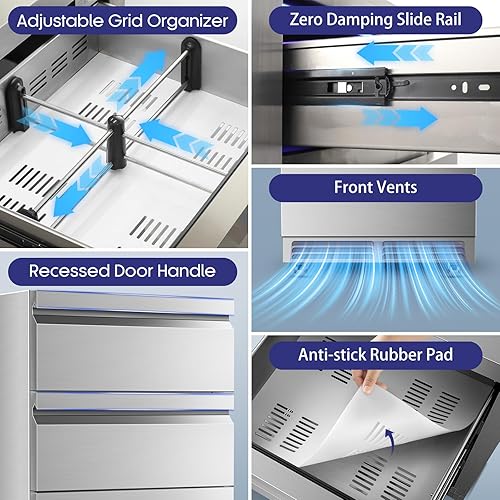 Miniatura 6 de Tylza Refrigerador de bebidas al aire libre de 3 cajones, 190 latas de 24 pulgadas, refrigerador de bebidas bajo encimera, impermeable, todo acero
