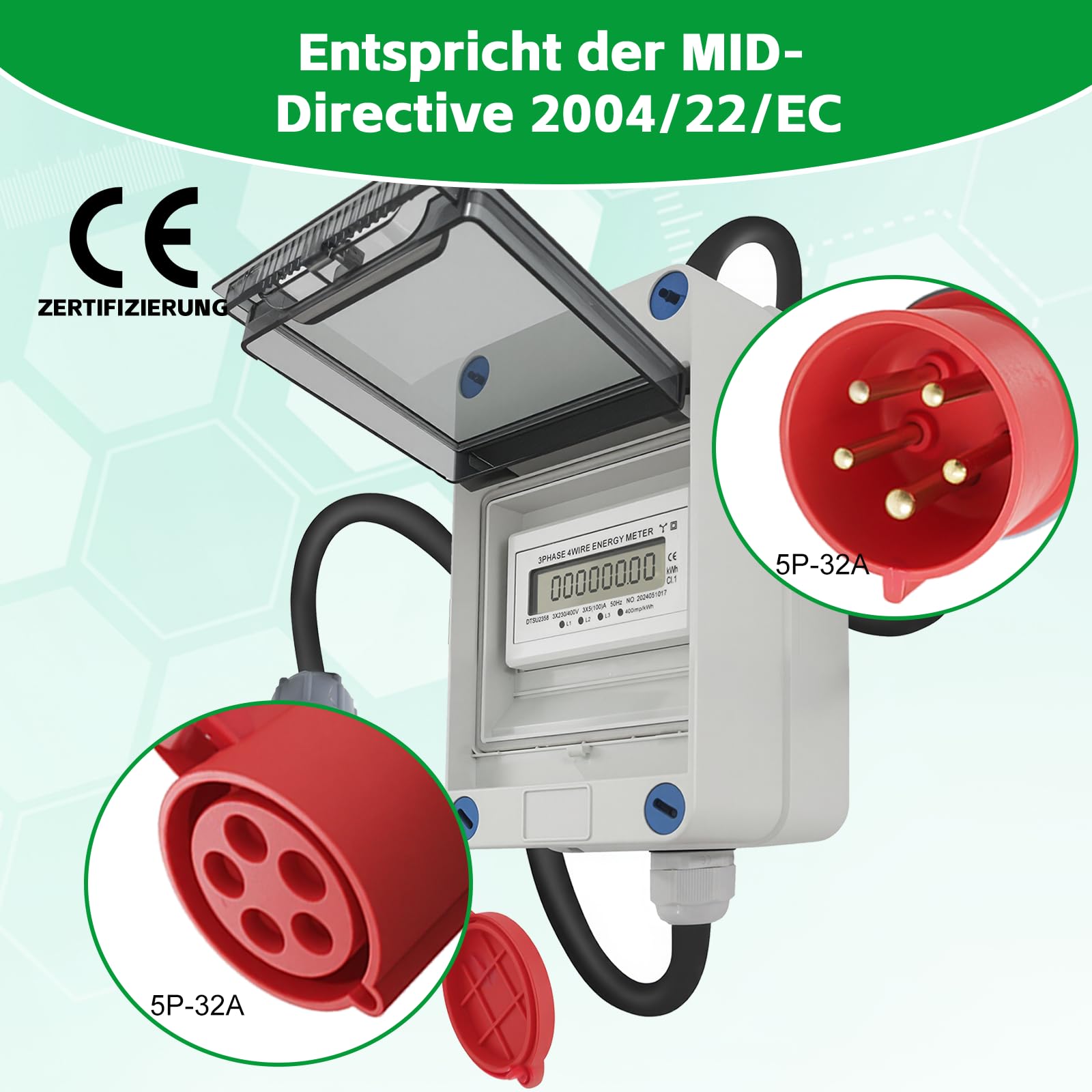 Mobilny licznik prądu, 3 fazy 400 V z wtyczką CEE i złączem, kabel 2 m, kalibracja MID, IP44, do samochodów kempingowych, samochodów elektrycznych, na kemping, do przemysłu