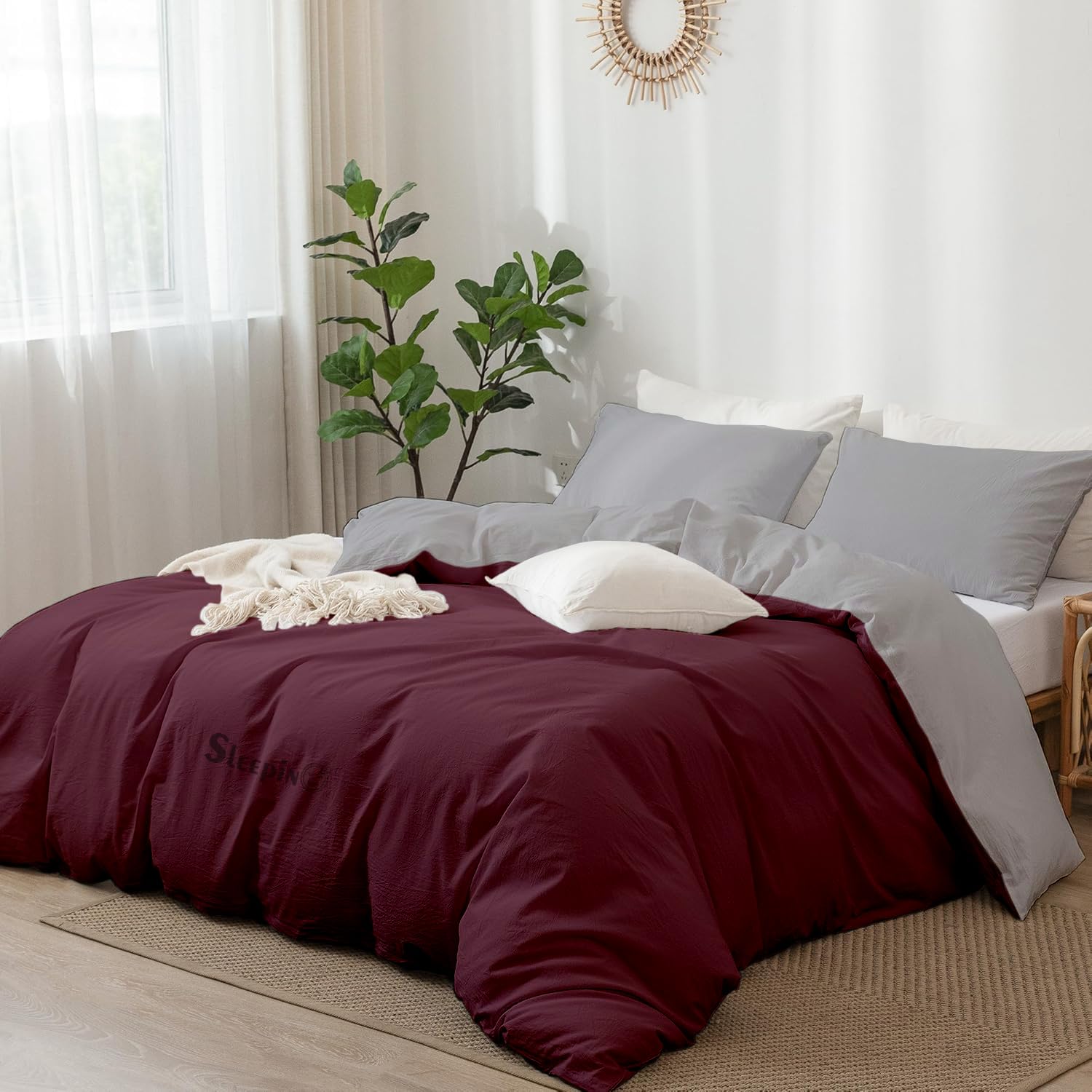 EDMUND - Brushed Microfiber King Size Reversible Duvet Cover Set/Comforter Cover/Rajai Cover/Blanket Cover (92"x106") Inch Quilt Cover King Size with Zipper & Pillow Cover - WineSilver