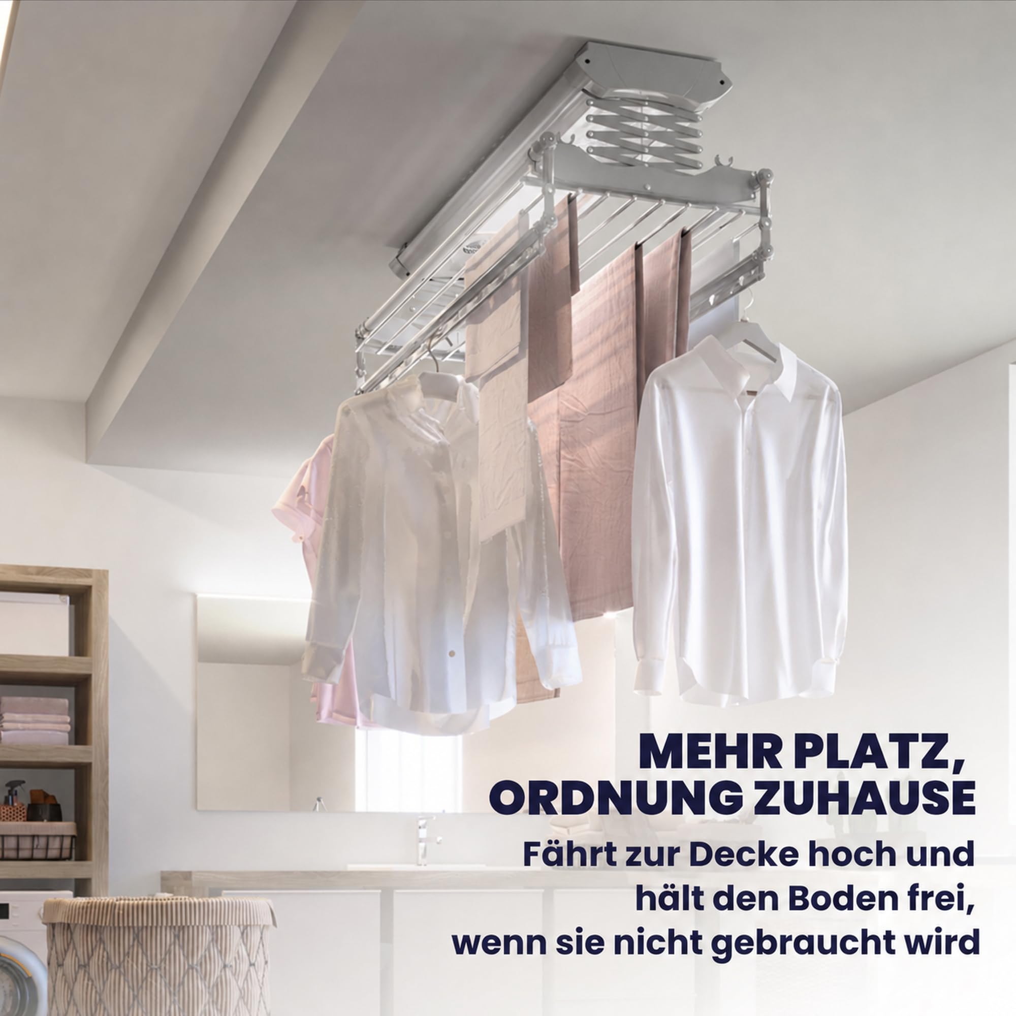 Foxydry Air, elektrischer, Ferngesteuerter, deckenwäschetrockner, 160 cm | platzsparend, aus aluminium, motorisiert, ausziehbar, geeignet für bettwäsche, trägt 35 kg, grau