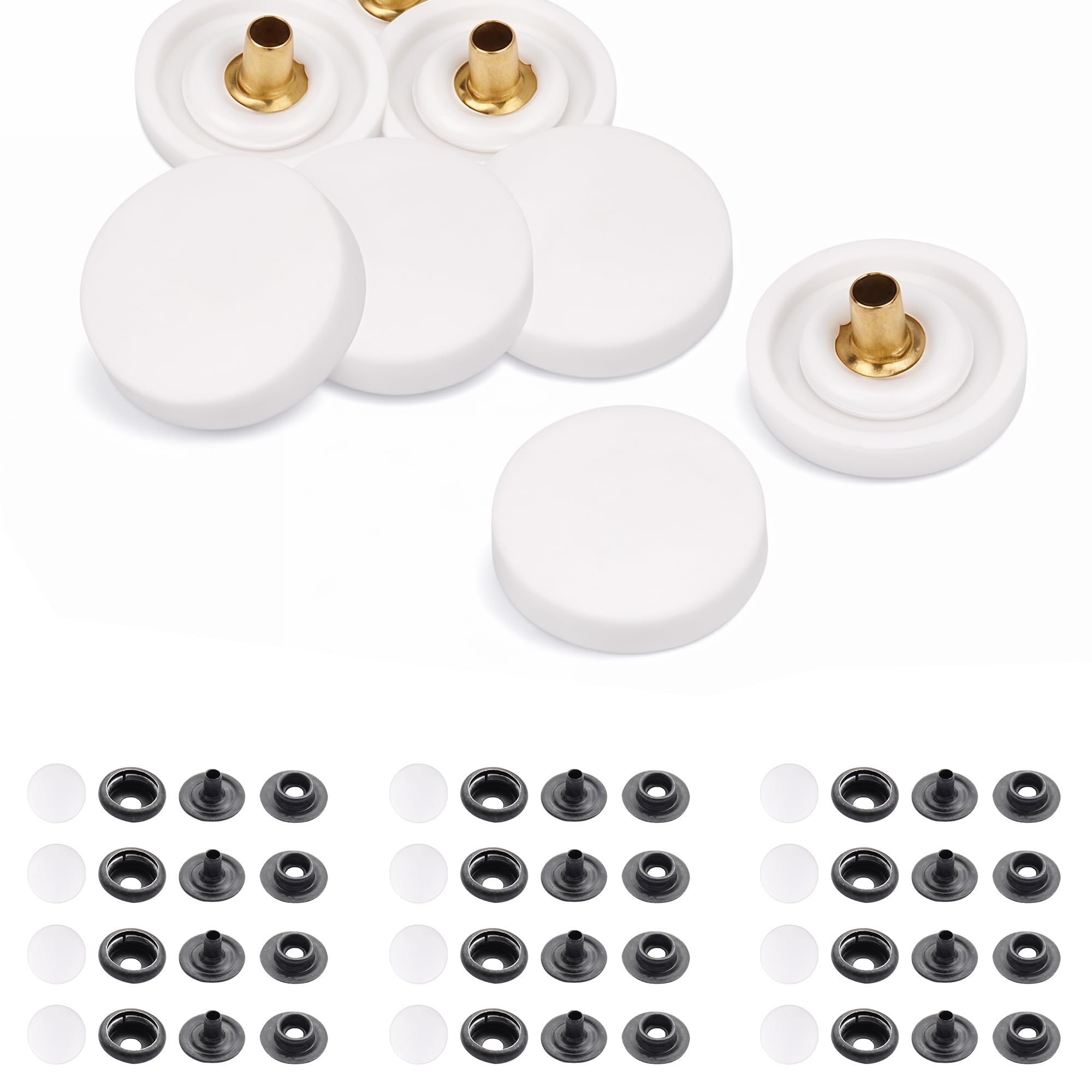 Trimming Shop Zatrzaski 15 mm zatrzaski zatrzaskowe Plastikowa nasadka z czarnymi metalowymi zatrzaskami na tylnej stronie, guziki bez szycia do majsterkowania, kurtek, torebek, białych, zestaw 1000 szt
