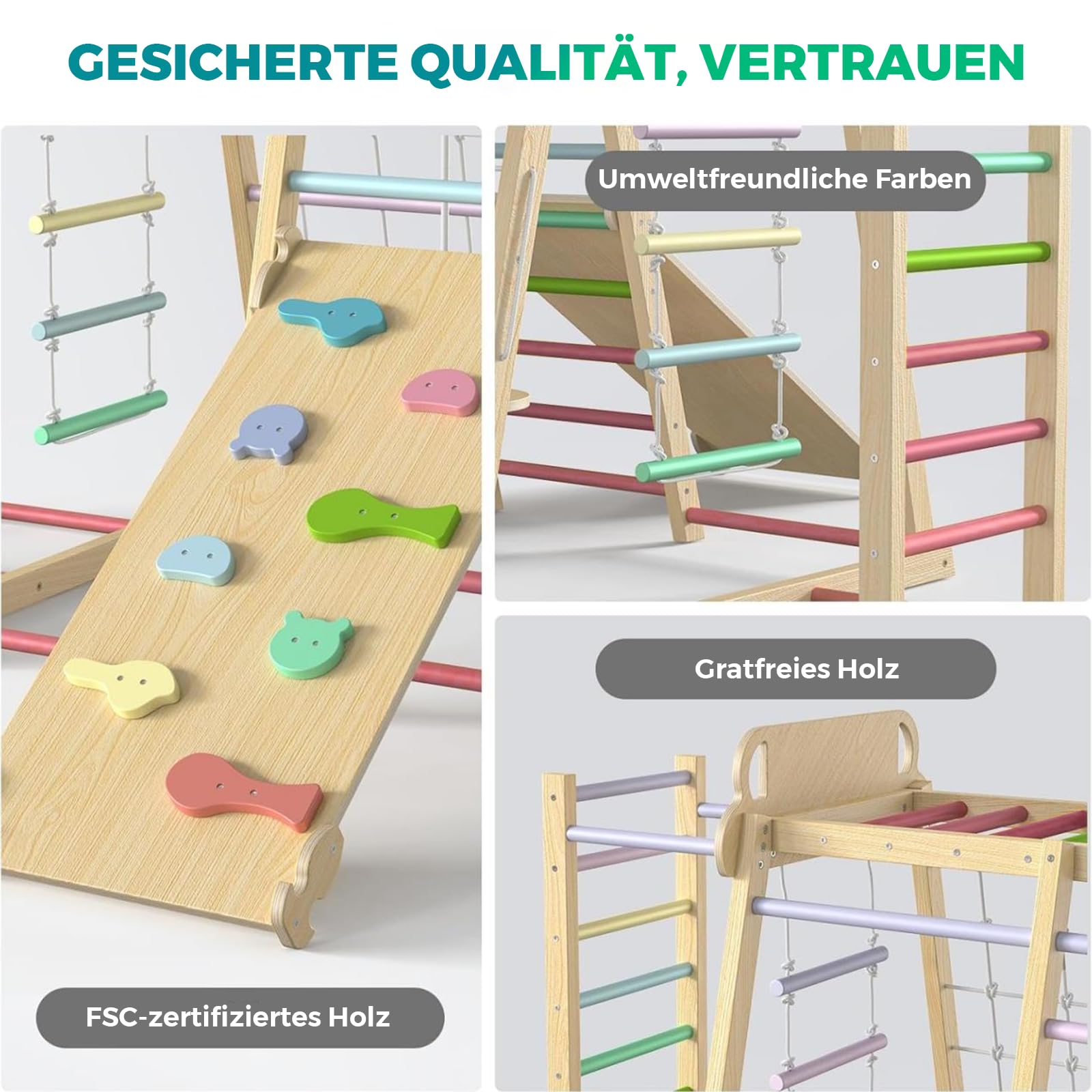 Maxi Klettergerüst Indoor, 10 in 1 Multifunktional Klettergerüst ab 1 Jahr, Montessori Spielplatz aus Holz mit Rutsche, Schaukel, Kletternetz, Kletterwand, Robust und sicher Kletterausrüstung