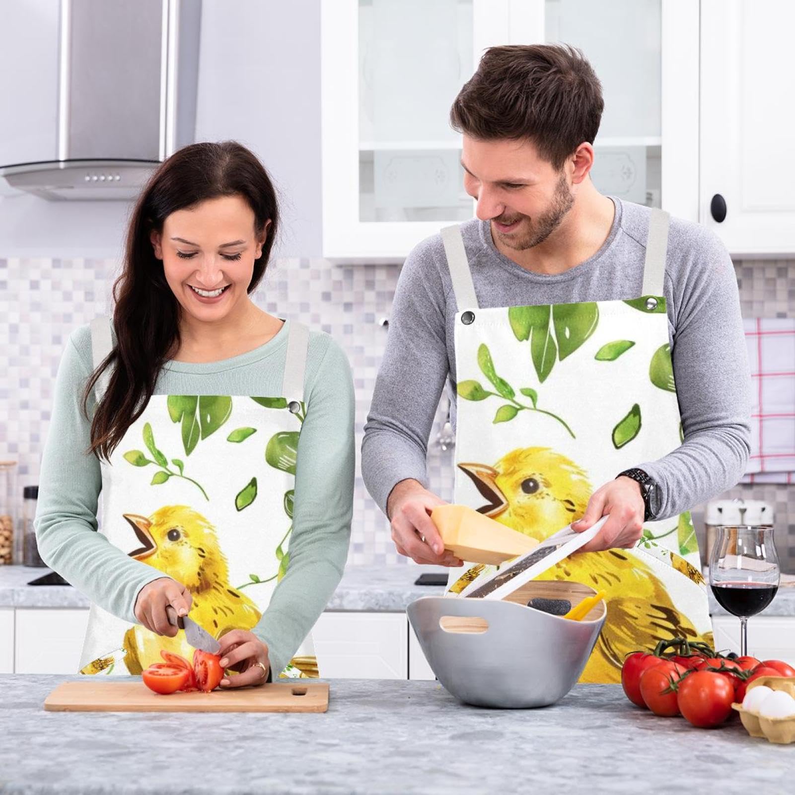 Lot de 2 tabliers de cuisine doux avec 2 grandes poches pour homme et femme Motif poussin chantant, Imprimé poussin chantant, L:26.2x34.6in/66.5x88cm;M:26.2x26.6in/66.5x67.5cm