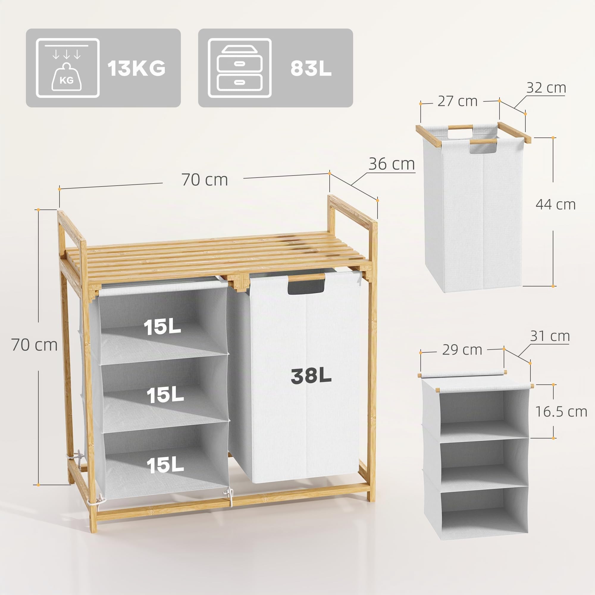 HOMCOM Wäschekorb 4 Fächer Bambus 83L mit Ablage Griff 70 x 36 x 70 cm Weiß | 2 Ausziehbare & Abnehmbare Wäschesäcke aus Vliesstoff, Wäschesammler, Wäschebox, Wäschesortierer
