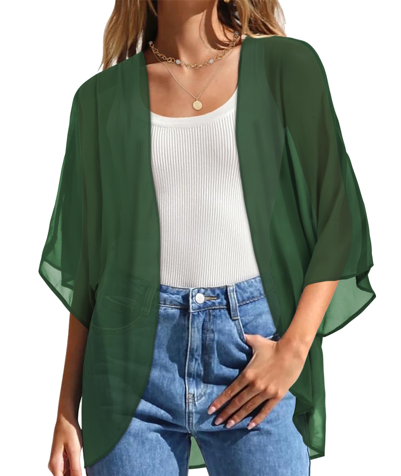 Damskie kimono, plażowe, szyfon, kardigan, kwiaty, topy, luźne peleryny, 1-solidny, ciemnozielony, 3XL