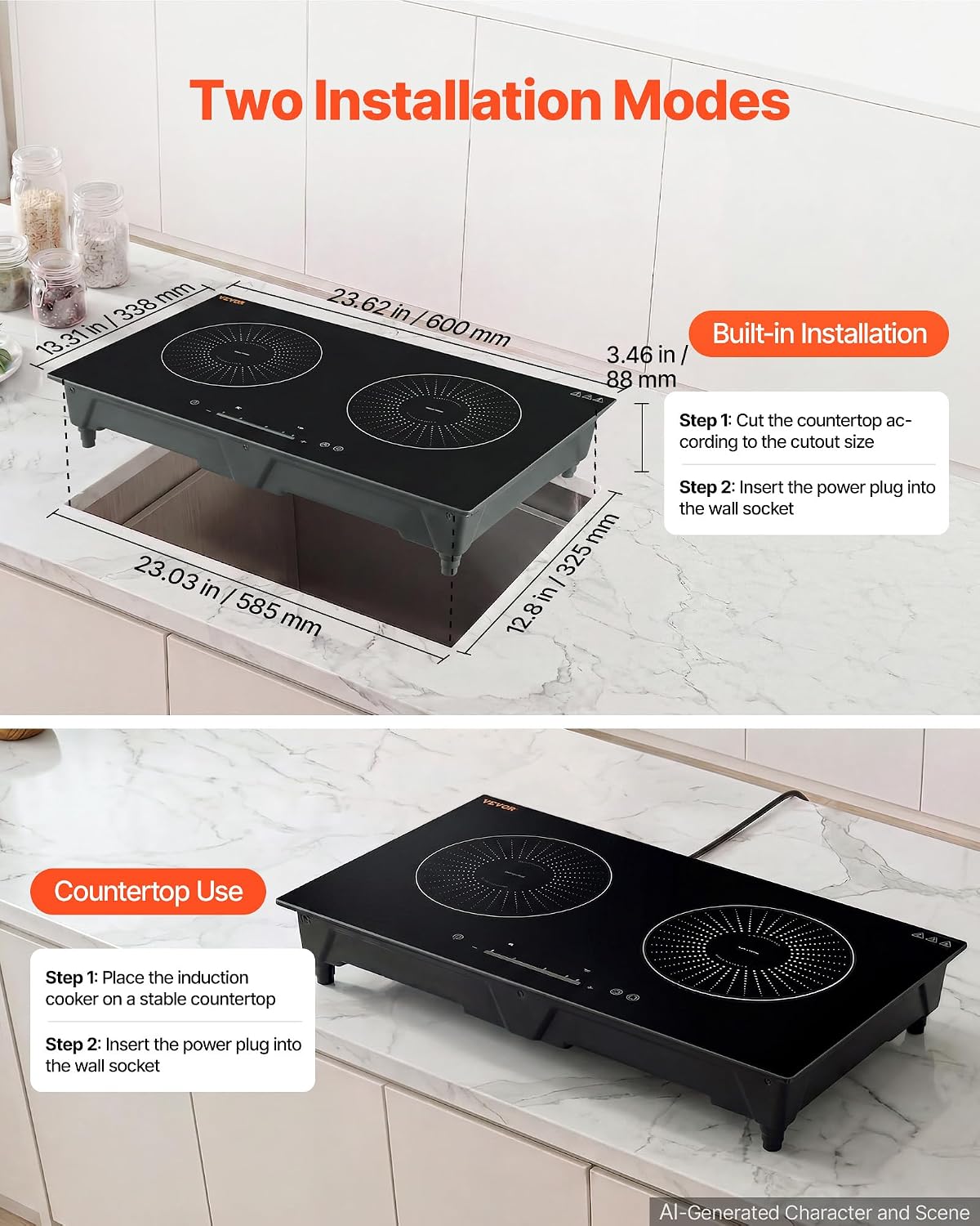 VEVOR Induction Cooktop 24inch 2 Burners Built-in Electric Stove 110V | 1800W, Low-Power Continuous Heating, Induction Burner, with 9 Power Levels, LED Touch Screen, and Child Lock, RV