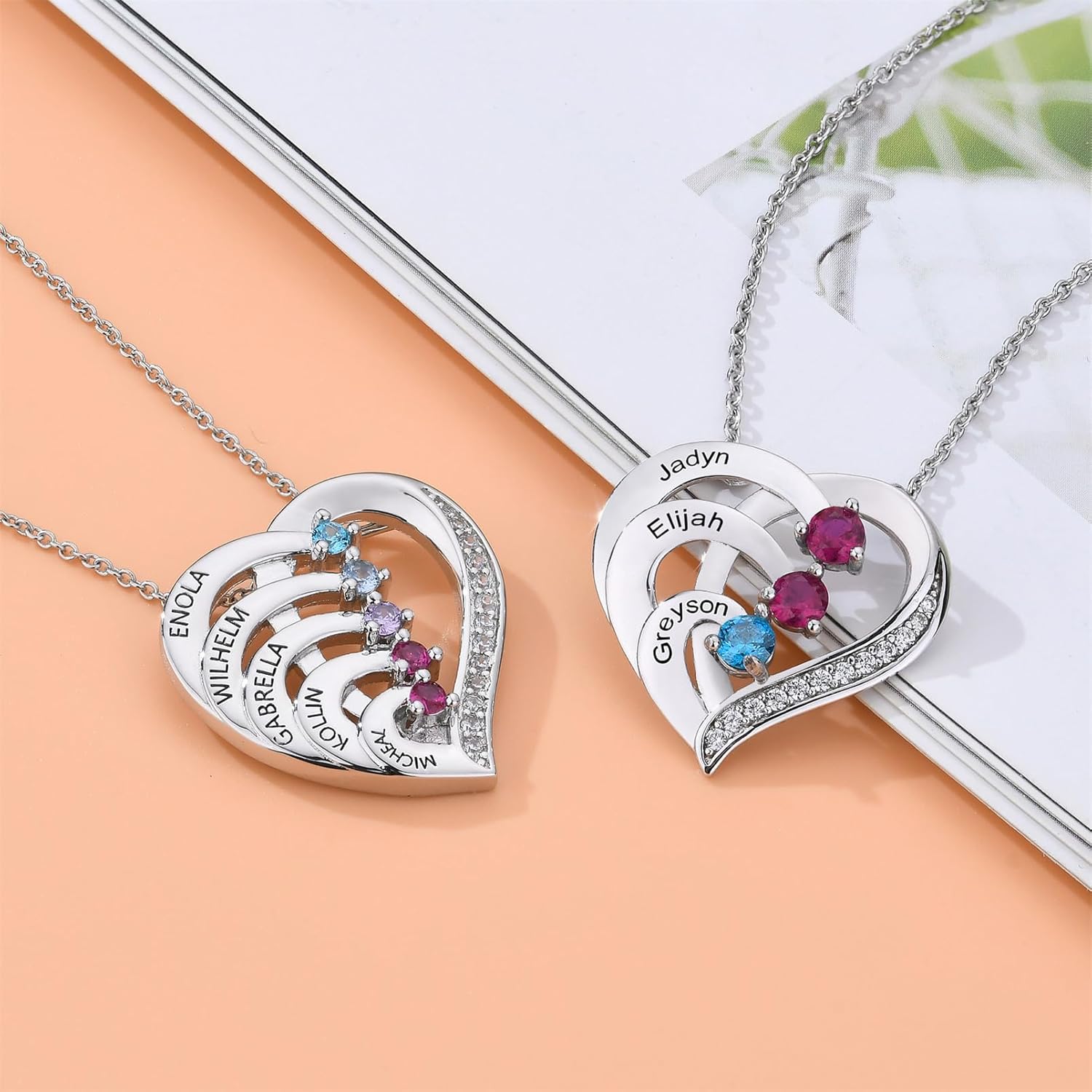 Personalized Sterling Silver Mothers Name Necklace with 1-5 Simulated Birthstones Custom Heart Pendant Necklace Personalized Gift for Mother's Day Christmas - Image 7