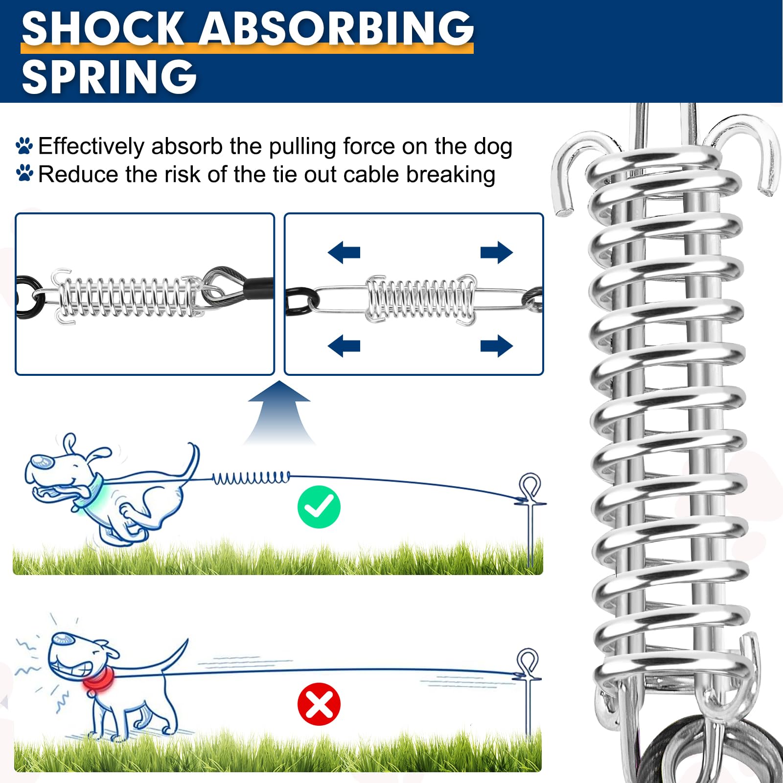 Snagle Paw Correas de perro para patio de 50 pies a 1000 libras de resistencia a la rotura, amarre resistente, cable de correr para perros medianos y grandes con gancho giratorio con bloqueo y resorte
