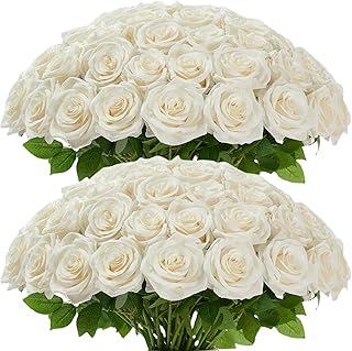 50pcs Ivory Roses Artificial Flowers Bulk Fake White Roses Silk Flower with Stems Realistic Flowers for Wedding Centerpiece Party Birthday Decor