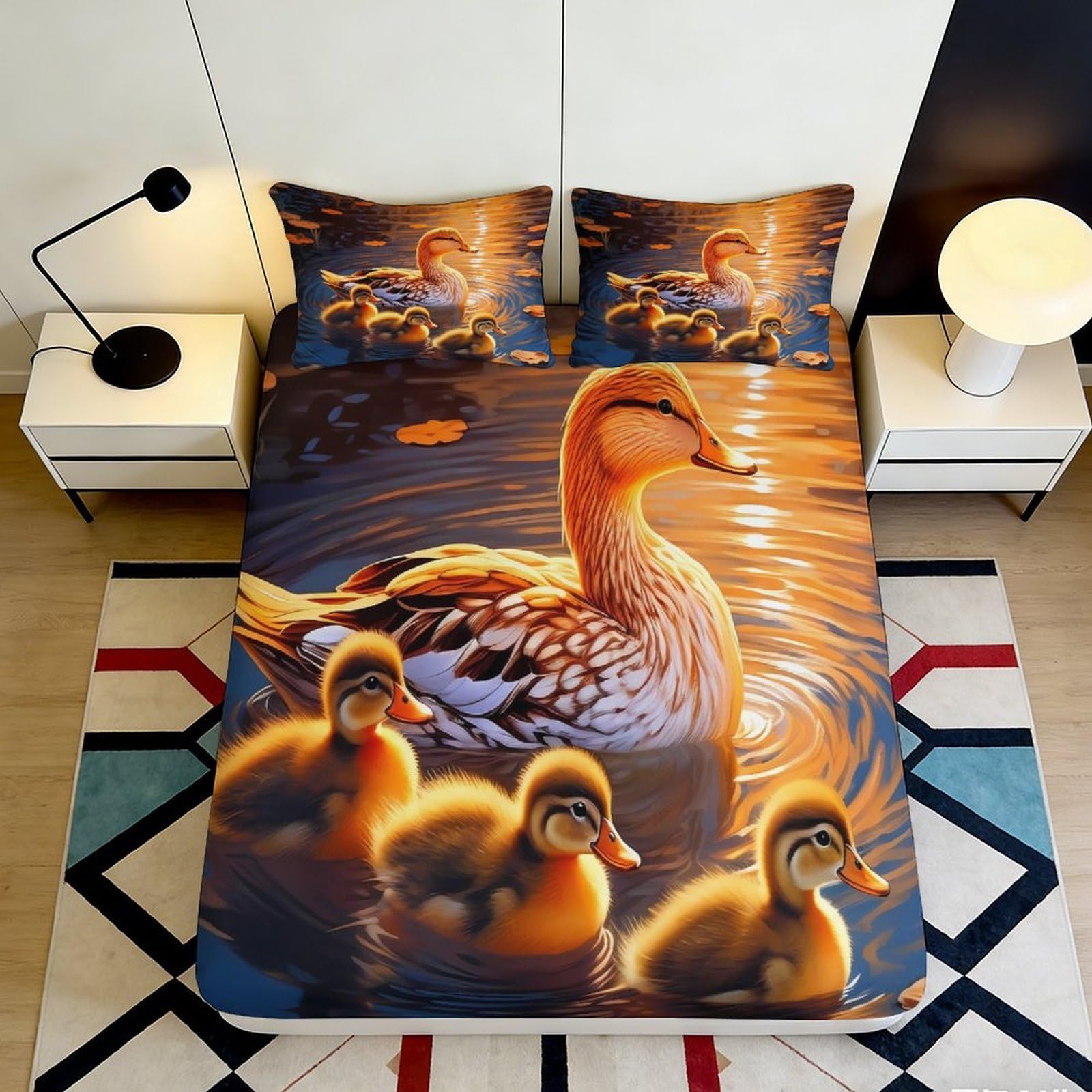 3D Printed Duck Family Fitted Sheet Microfiber Deep Pocket Non-Slip Bedroom Bedding Set for Adults Teens Ducks Mattress Fitted Cover 200x200x25cm 90x200x25cm