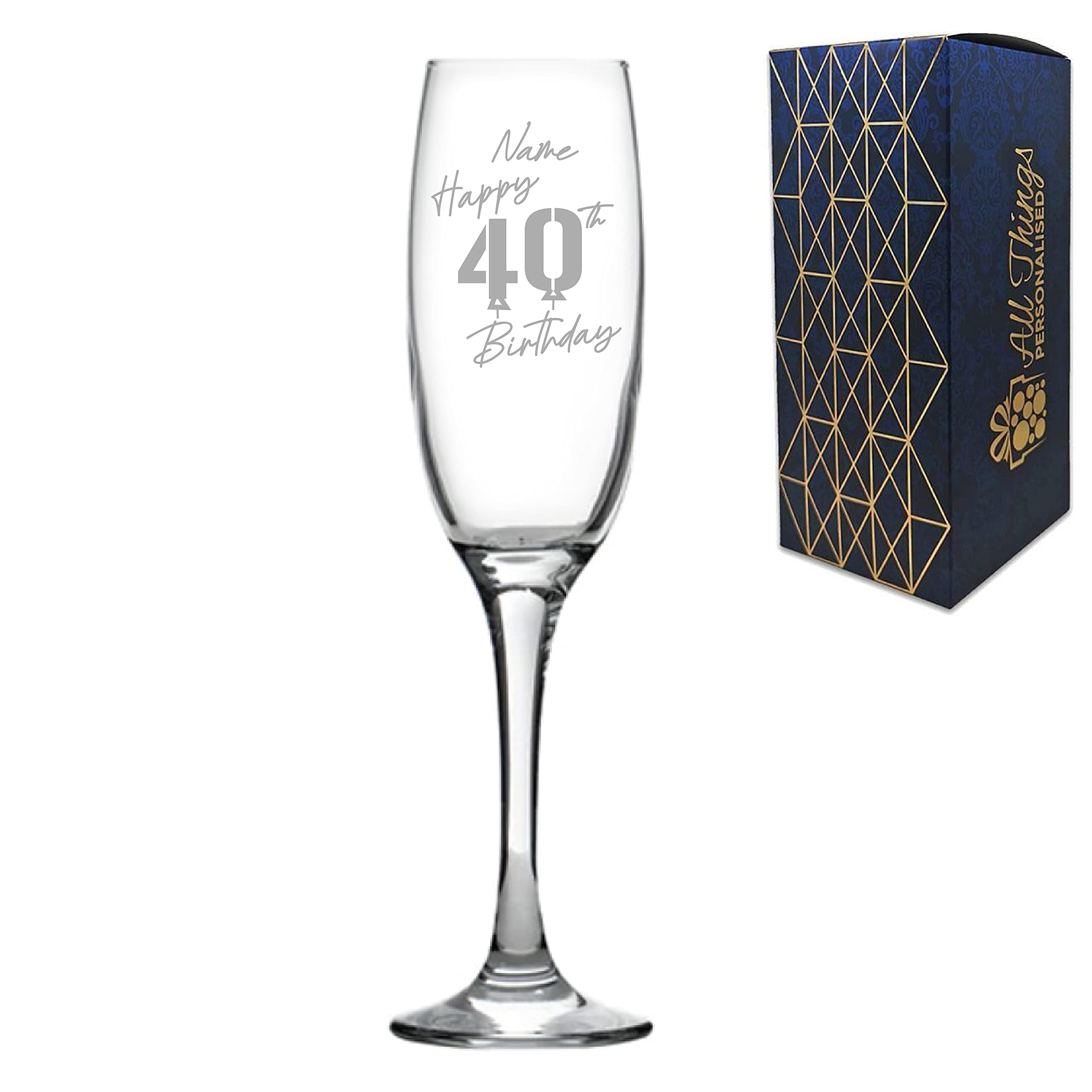 Personalised Engraved Champagne Flute Happy 40th Birthday Balloon Design Gift Boxed, Glass Holds 7.43oz/220ml, Customise with Any Name, Engraved in The UK