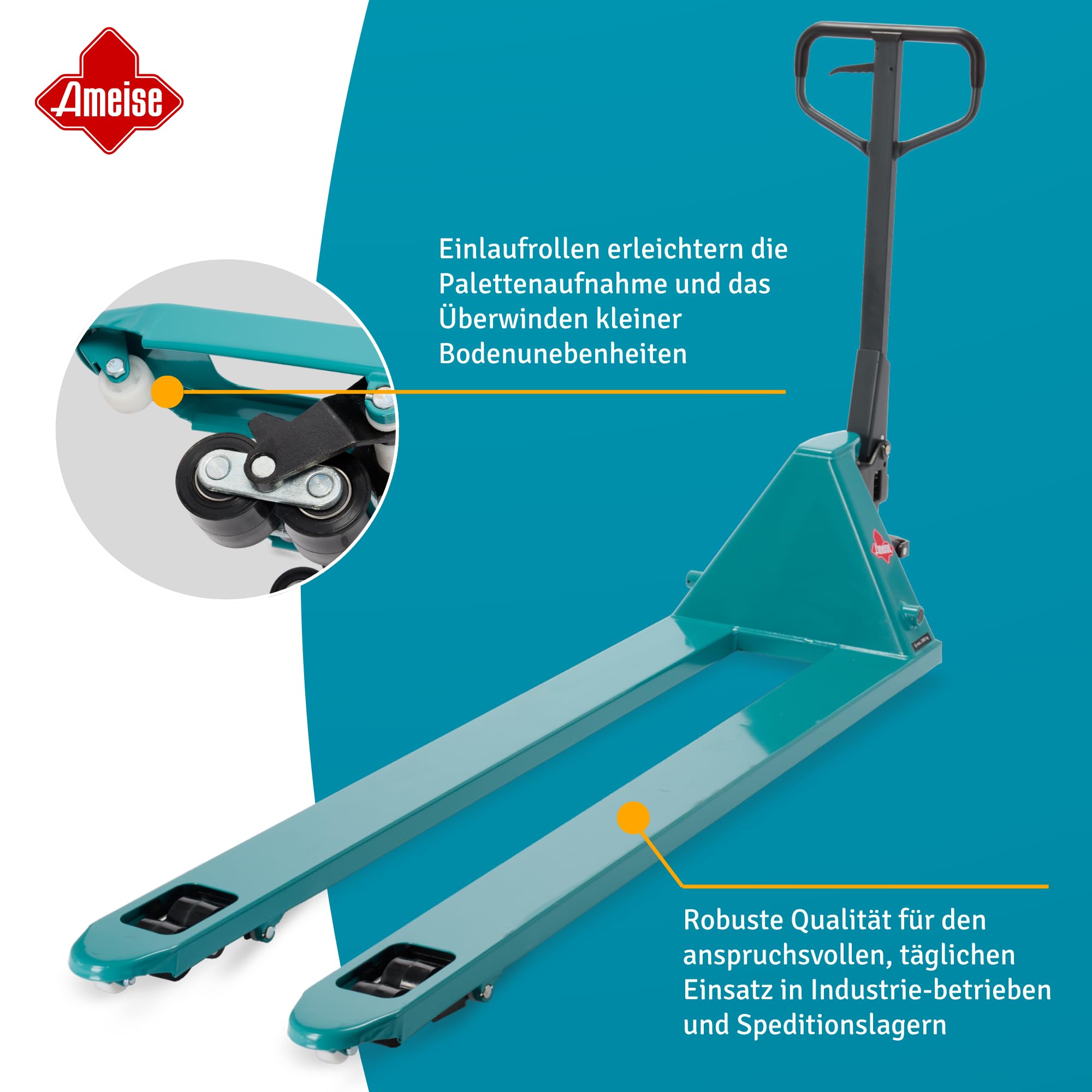 Ameise Hubwagen PTM lang | 2.000 kg Tragkraft | 1.800 mm Gabellänge | Lenkrad/Gabelrolle aus robustem Polyurethan | Tandem-Gabelrollen | Palettenhubwagen