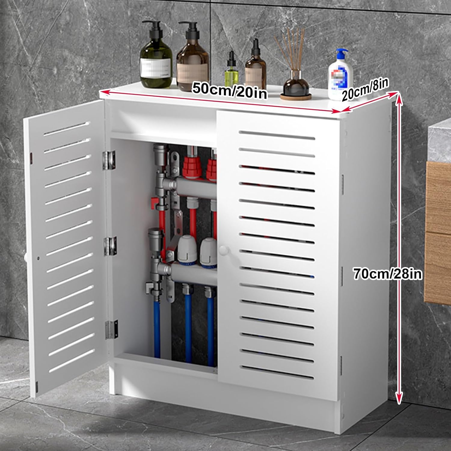 Waterproof Radiator Cover Cabinet with Magnetic Doors, PVC Bathroom Heater Cover, Radiator Cap for Kitchen, Living Room, No-Drill Install(50x70x20cm/20x28x8in)
