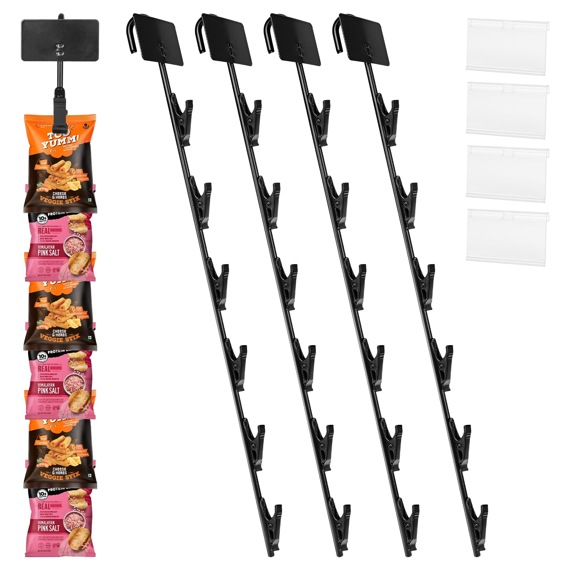 Fmtyaoiu Black 4Pcs Hanging Merchandise Strips With Hooks 16.5" Chip Display Rack, Chip Strip Wall Mount For Snack Candy Portable Retail Organizer Storage Metal With Label Header
