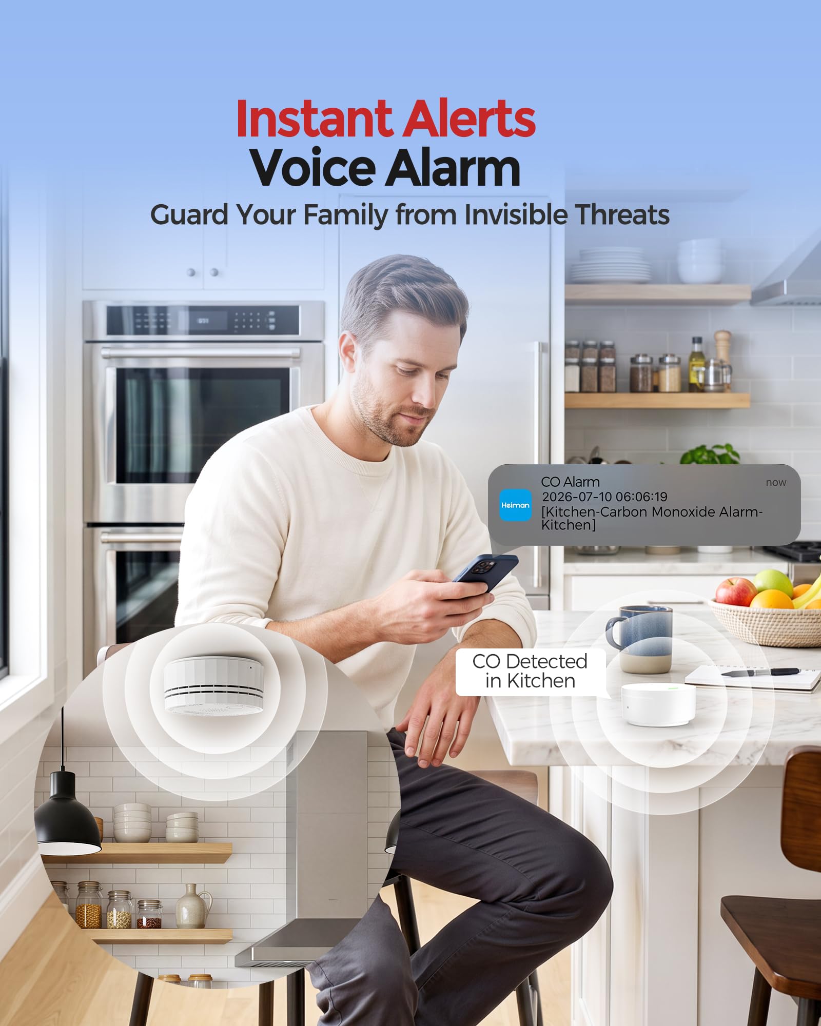 Heiman Smart CO Detectors - 3-Pack with Gateway -5