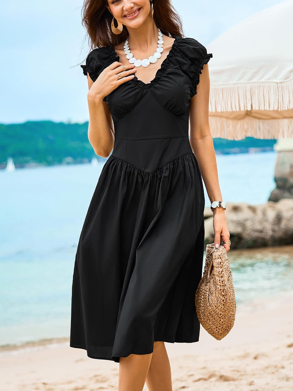 CUPSHE Women's Summer V Neck Midi Dress Sleeveless Ruffle A Line Beach Casual Sundress - Image 2