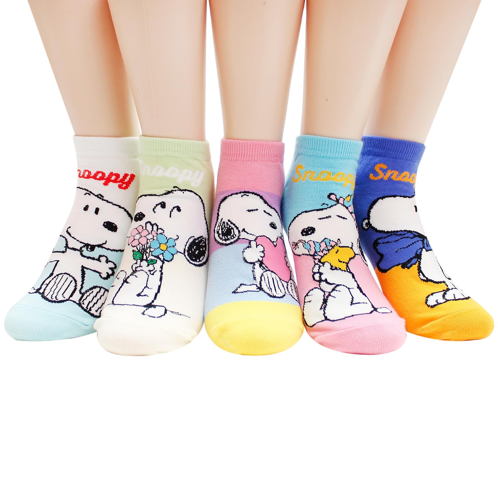 socksense The Peanuts Snoopy Women and teen girls Cartoon Character Series Licensed Socks, Happy_5pairs, One size