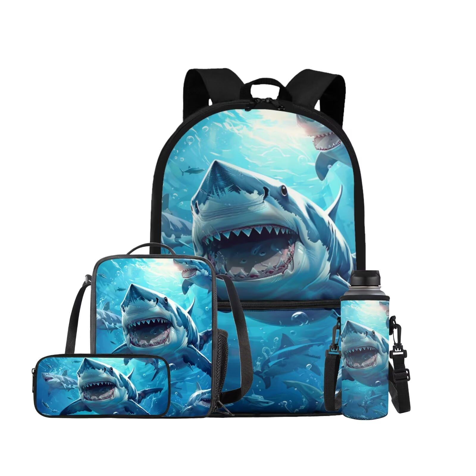 ELEDIZI Shark Backpack for Boys Kids Backpack with Lunch Box Water Bottle Bag and Cute Pencil Case 4PCS Set Bookbag with Front Pocket for School Teens