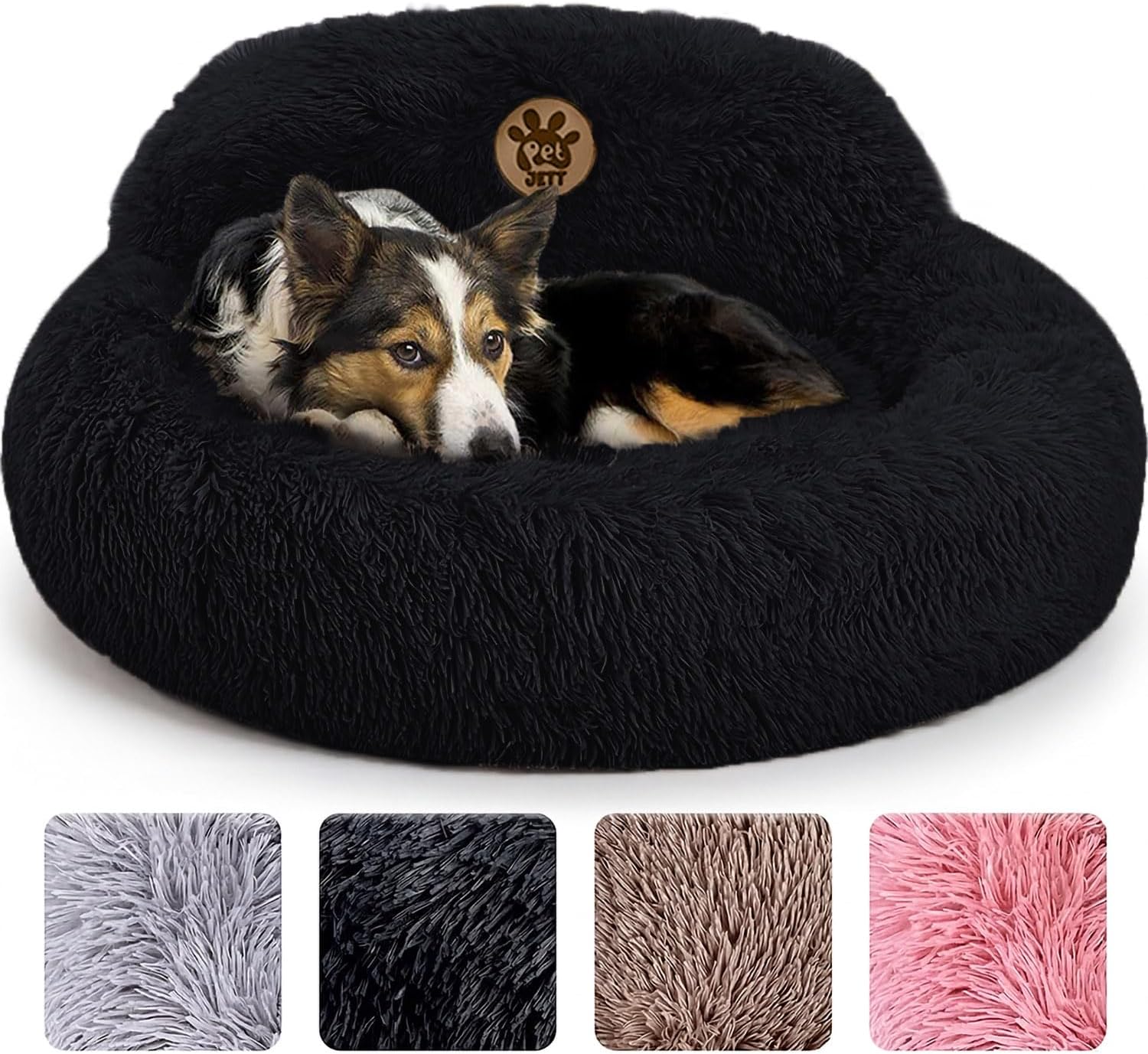PetJett Calming Dog Bed Medium Size Dog - 30'' Donut Bed, Anti-Slip & Washable Super Soft Fluffy Plush Round Bed, Anti-Anxiety Premium Comfort Pet Bed, Fits Dogs up to 45 lbs - Black