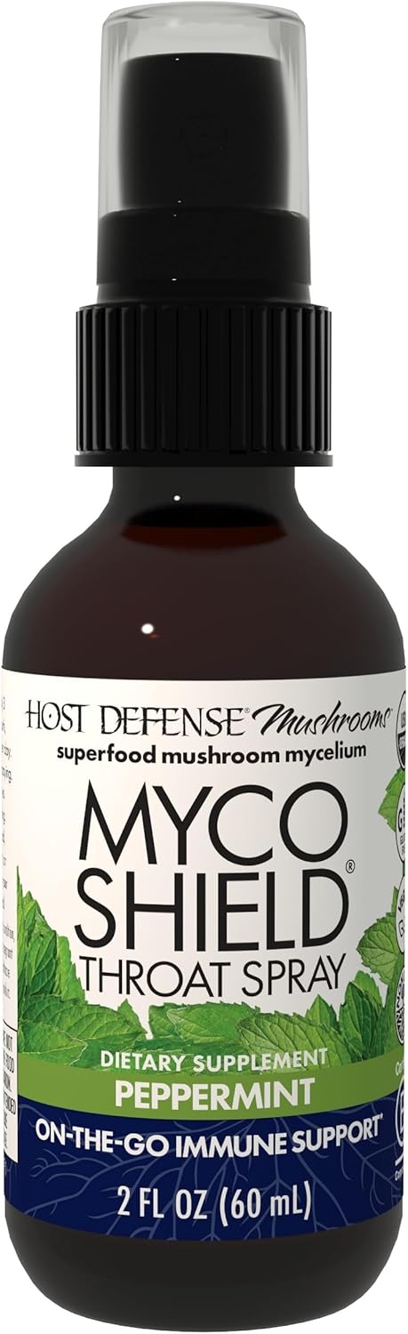 Host Defense MycoShield Throat Spray - Immune Health Support - Dietary Mushroom Supplement with Chaga, Reishi, Turkey Tail & More - On-The-Go Immune Support - Peppermint, 2 fl oz (142 Servings)*