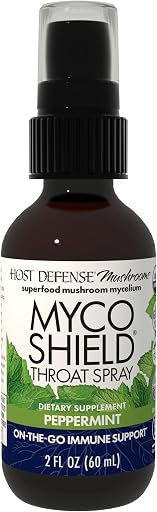 Host Defense MycoShield Throat Spray - Immune Health Support - Dietary Mushroom Supplement with Chaga, Reishi, Turkey Tail & More - On-the-Go Immune Support - Peppermint, 2 fl oz (142 Servings)