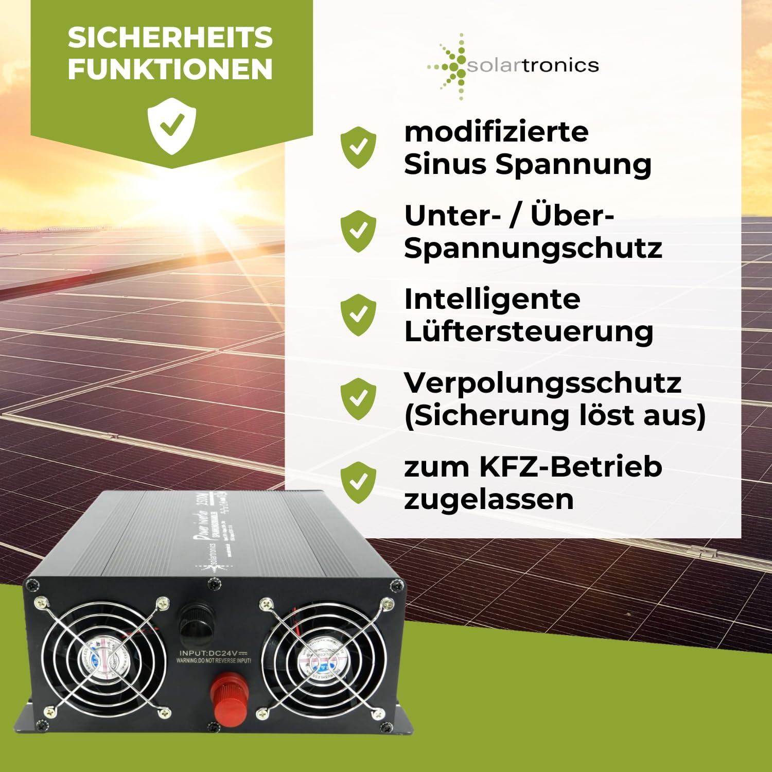 SOLARTRONICS NM2500 Spannungswandler 24V 230V modifizierter Sinus 2500W - 5000W Spitzenleistung - Wechselrichter 24V auf 230V Stromwandler mit Schuko-& USB Anschluss Solar Inverter Umwandler
