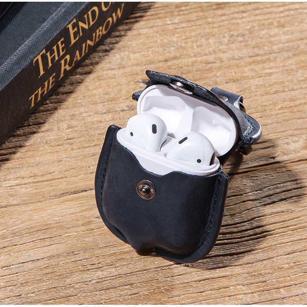 Genuine Leather AirPods Case Vintage Portable Protective Cover for AirPods 2 1 with Keychain (Blue)