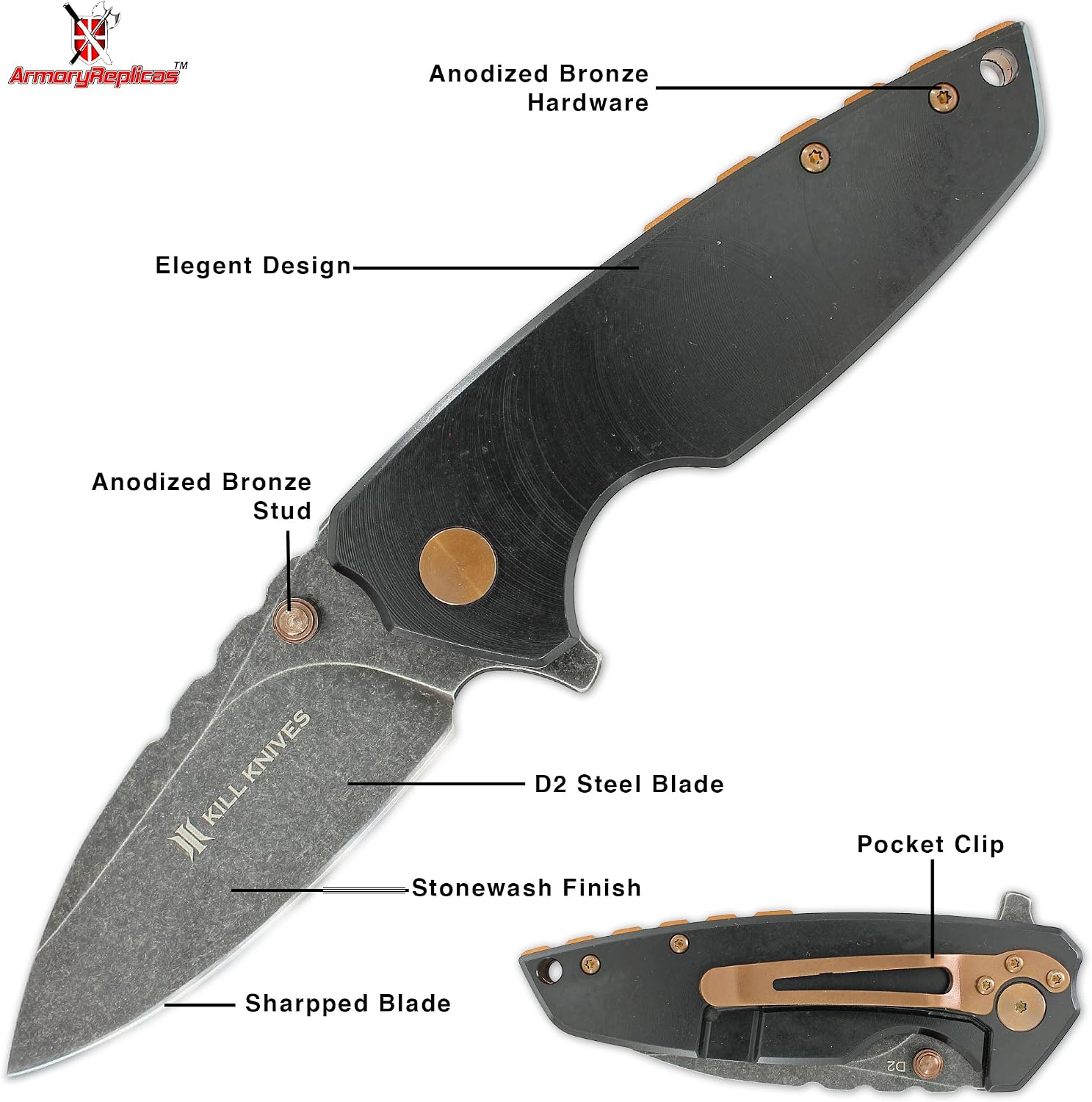 Armory Replicas KILL KNIVES Nightshade Heavy Duty D2 Steel Ball Bearing Frame Lock Folding Pocket Knife
