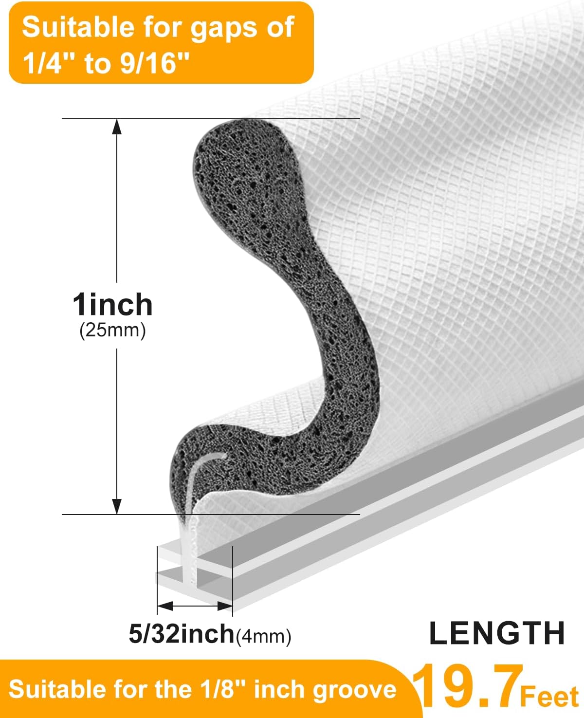 19.7 Feet Door Weather Stripping, Kerf Door Seal Strip, V-Shaped Foam Exterior Door Frame Weather Stripping for Doors and Windows, Card Slot Installation, Easy Cut to Size, White
