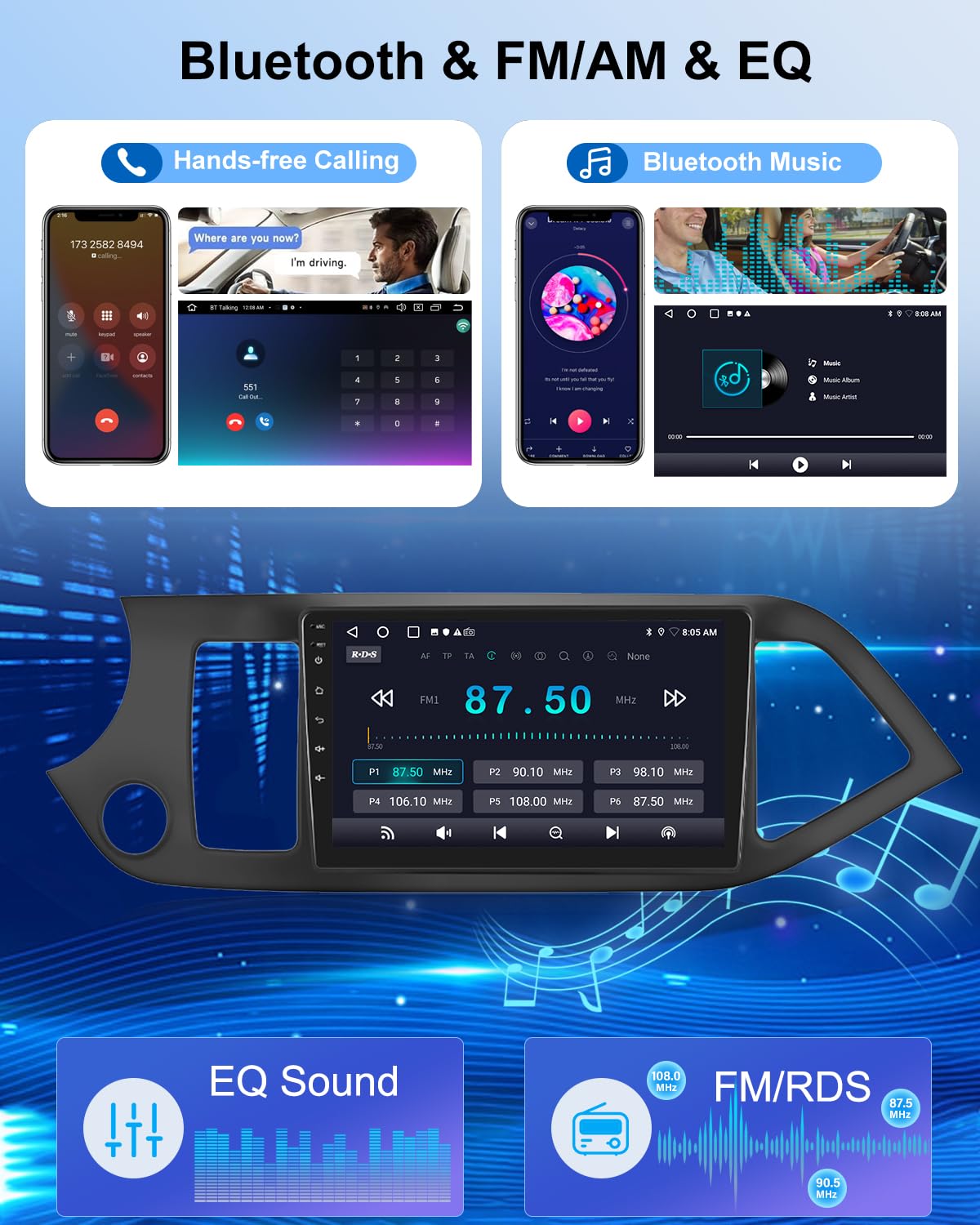 NHOPEEW 2+64G Android CarPlay Stereo per KIA Picanto 2012-2016 - Radio touchscreen da 9 pollici con CarPlay wireless Android Auto - WiFi GPS Mirror Link EQ RDS + Telecamera di backup e microfono