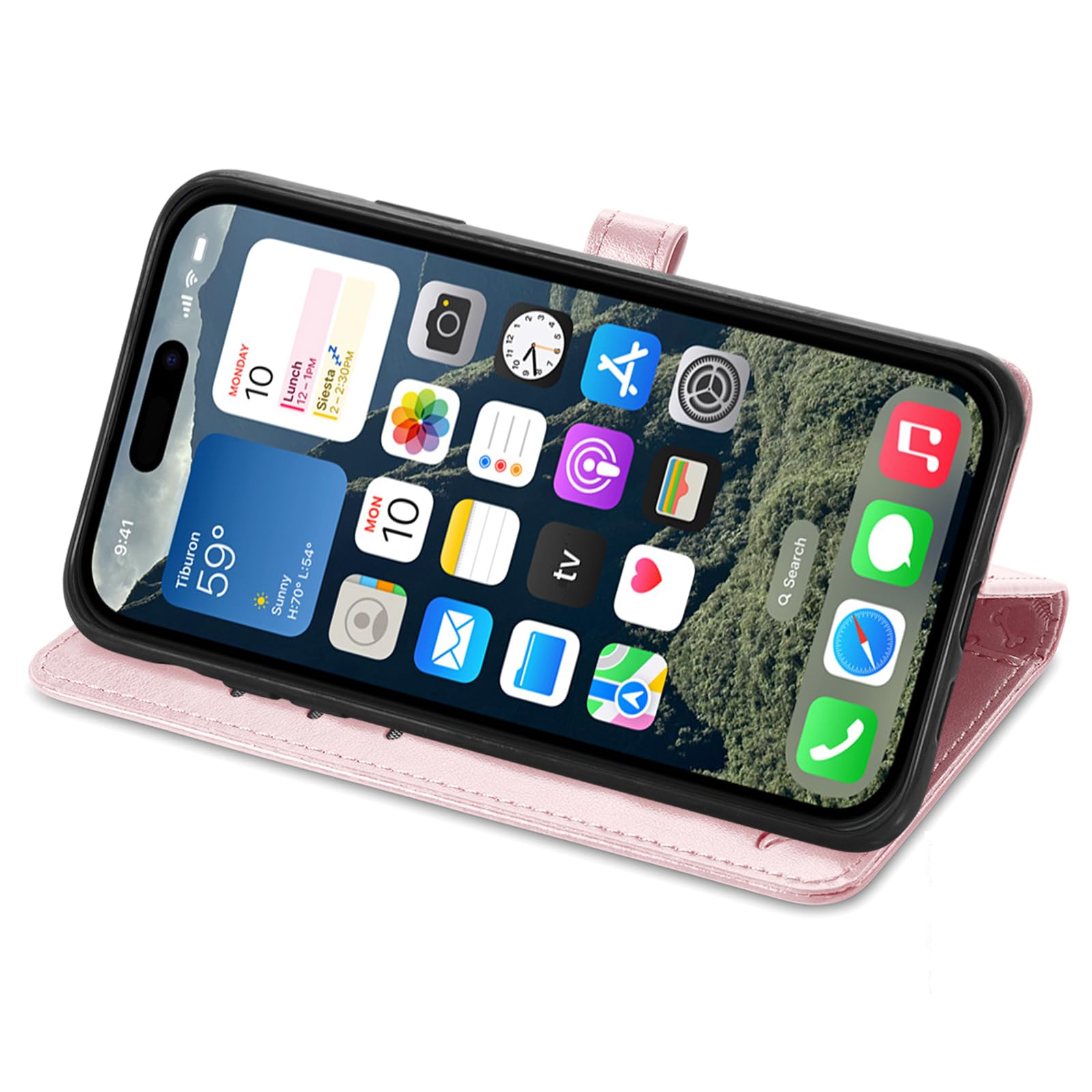 Etui na iPhone'a 17e, skórzany portfel premium z wytłoczonym wzorem uroczego kota psa [przegródki na karty] [podpórka] [wewnętrzna powłoka TPU] etui z klapką, różowe złoto