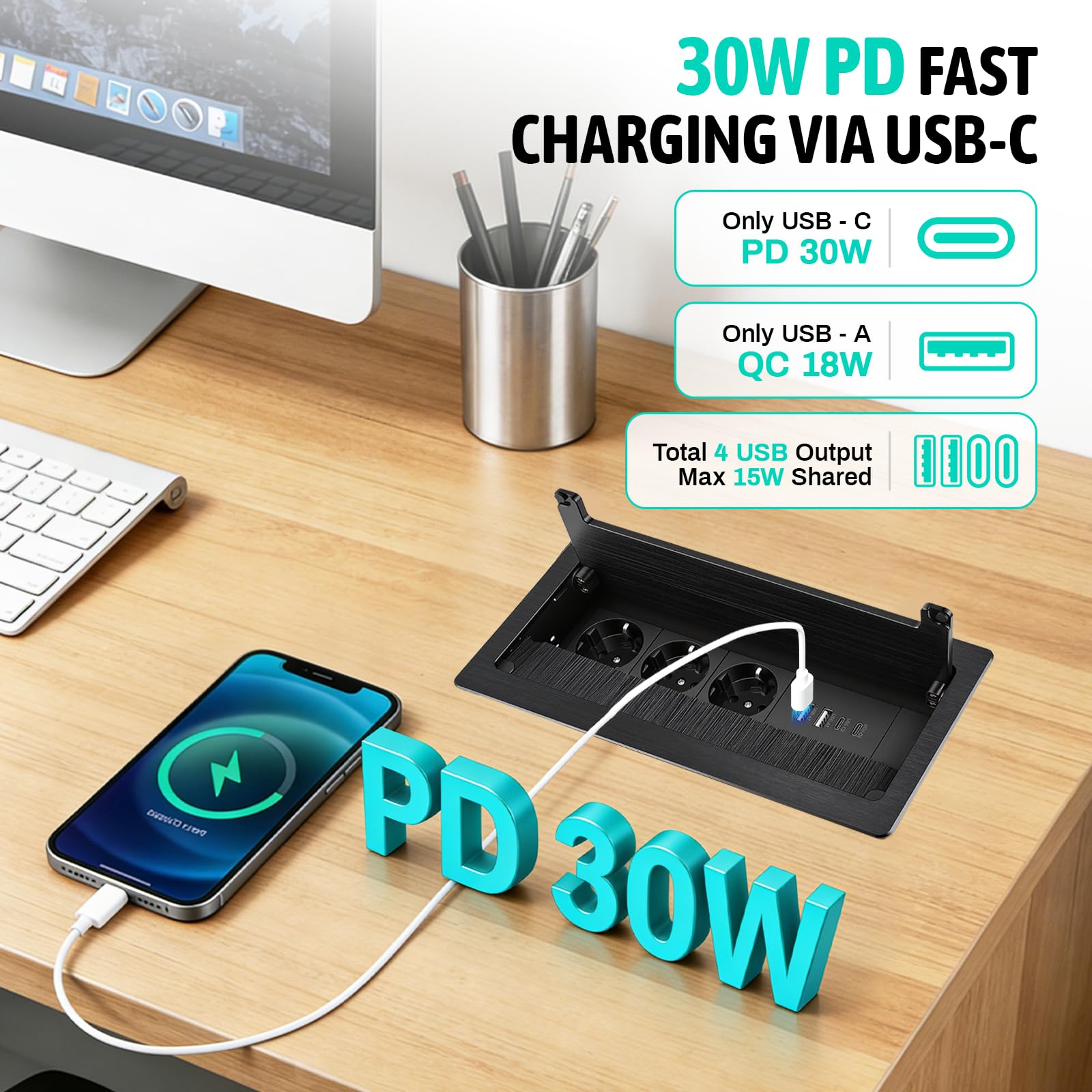 Ciabatta elettrica a scomparsa a 3 scomparti, con 2 USB-C PD 30 W e 2 USB-A, in alluminio, a scomparsa con interruttore, presa da tavolo a scomparsa, 4 USB per piano di lavoro, cavo da 1,8 m