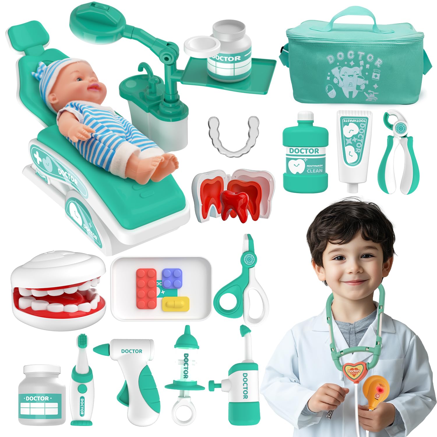 Toy Doctor Kit for Toddlers, Kids Dentist Play Set with Dentist Chair, Doll Toy, Stethoscope, Large Carrying Storage Bag, Dental Accessories, Pretend Doctor Play Medical Gift for Boys Girls(Green)
