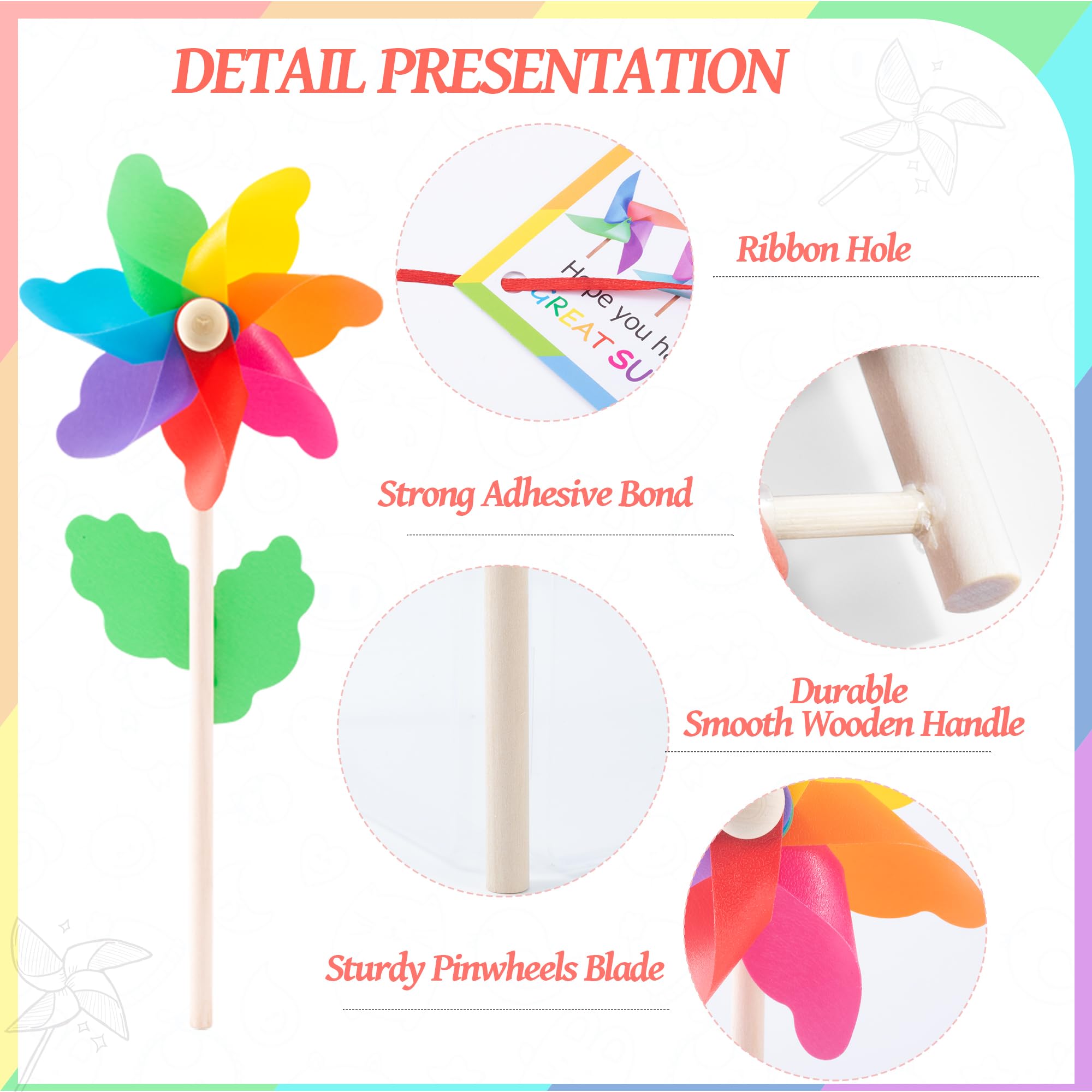 24 Pack End of Year Gifts Pinwheels for Kids Students Rainbow Flower Wind Spinners for Yard and Garden with 24 Pcs Cards and 16 ft Silk Ribbon,Wind Sculptures for Outdoor Decorations Party Favors - Image 7