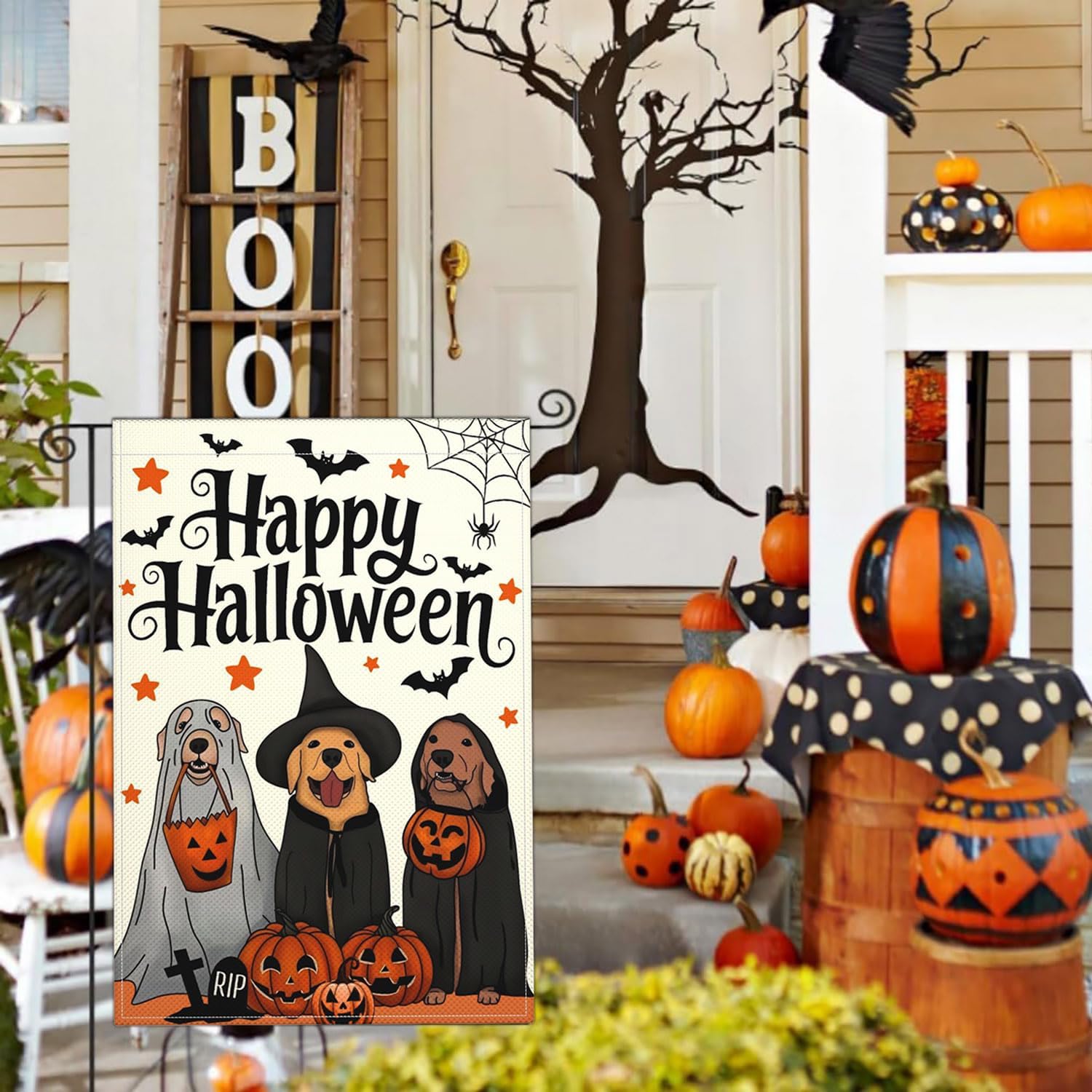 Happy Halloween Dog Pumpkin Garden Flags for Outside 12x18 Double Sided Polyester Golden Retriever Fall Autumn Witch Hat Yard Flag Outdoor House Yard Sign Falgs for Party Holiday Decorations - Image 3