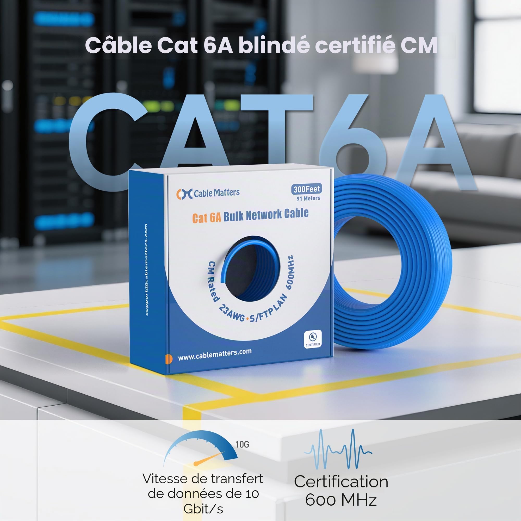 Cable Matters Câble Ethernet Cat 6A blindé en cuivre nu certifié UL de 10 Gbit/s (cm), 23 AWG, 91,4 m, solide, câble Ethernet Cat6a blindé S/STP, S/FTP, cordon Ethernet Cat6a, bleu