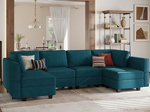 Miniatura 4 de Belffin Sofá modular en forma de U, sofá otomano de almacenamiento reversible, sofás de gran tamaño con diván azul pavo real
