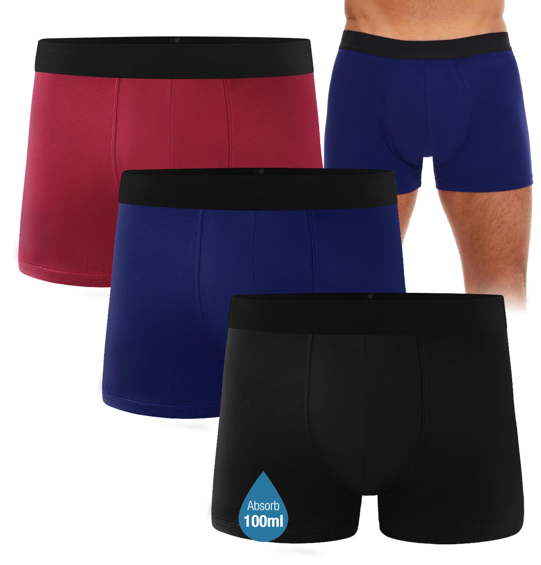 Carer, 3 boxer da uomo in cotone per incontinenza, con imbottitura assorbente, 150 ml, lavabili, a prova di perdite, design riutilizzabile, per incontinenza moderata, colore nero, taglia L
