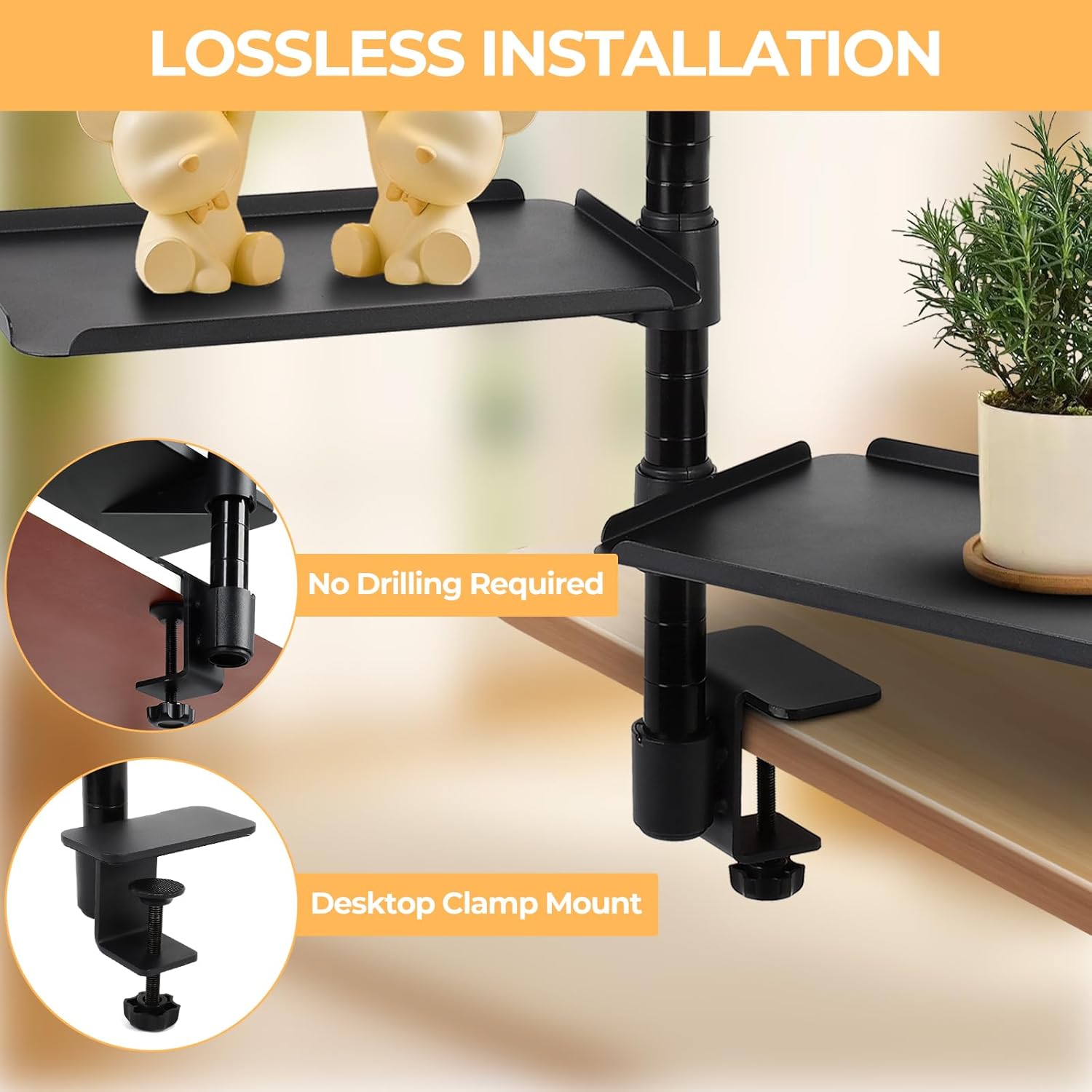 GCCSJ Desk Extender，3 Tier Desk Clamp Shelf，360° Rotatable & Height-Adjustable Clamp on Desk Shelf for Study/Office/Kitchen/Game Room，Maximum Desktop Thickness 2.2 Inch