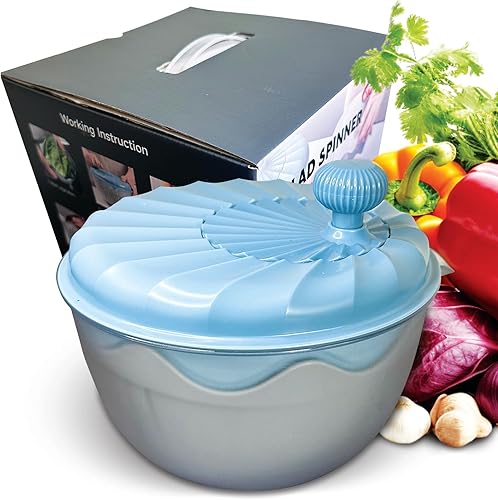 Y&Z KITCHEN Escurridor de ensalada prémium – Lavadora de verduras eficiente y picadora de ensaladas, gran capacidad, cuerpo de plástico azul, hoja