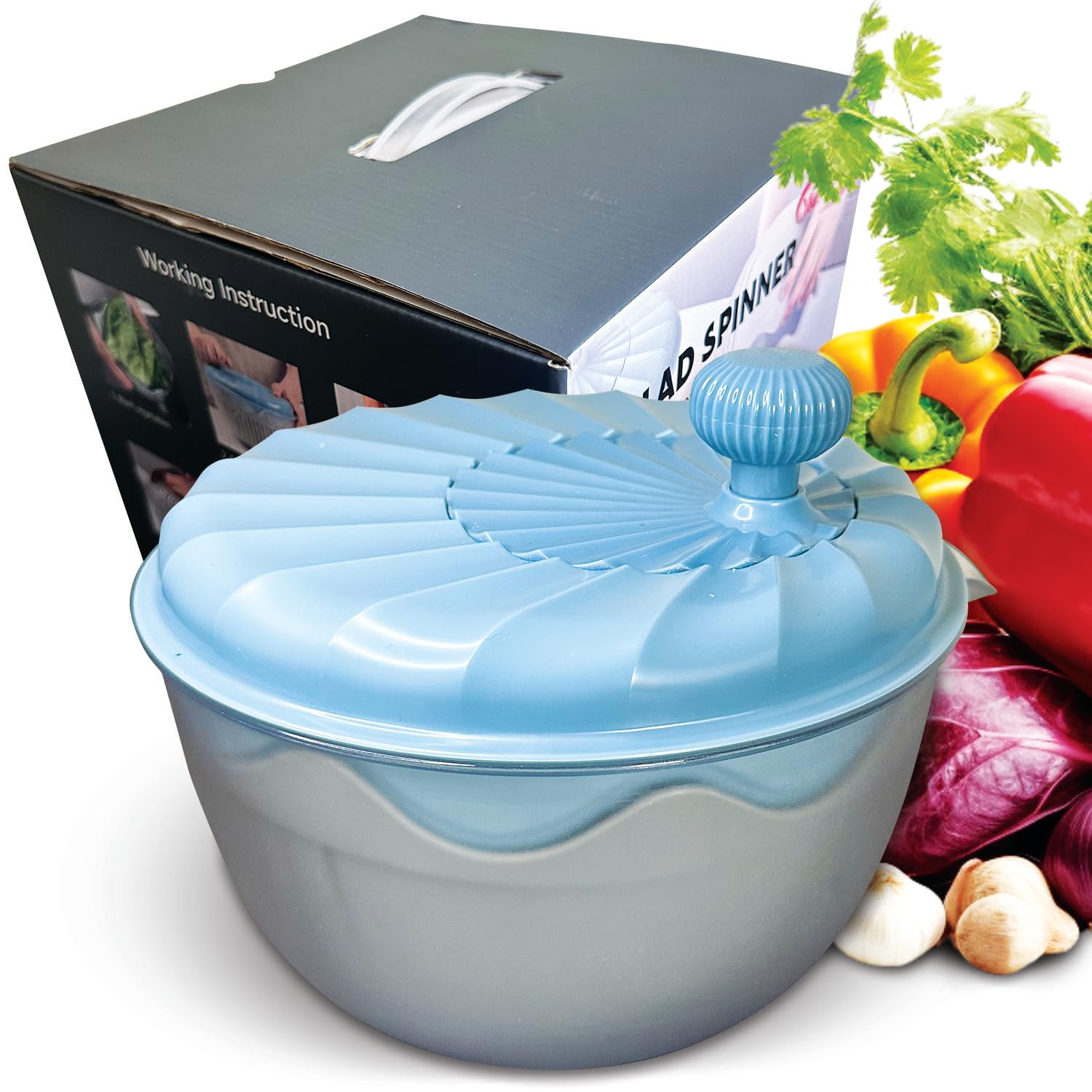 Y&Z KITCHEN Premium Salad Spinner - Efficient Vegetable Washer and Salad Chopper, Large Capacity, Blue Plastic Body, Stainless Steel Blade