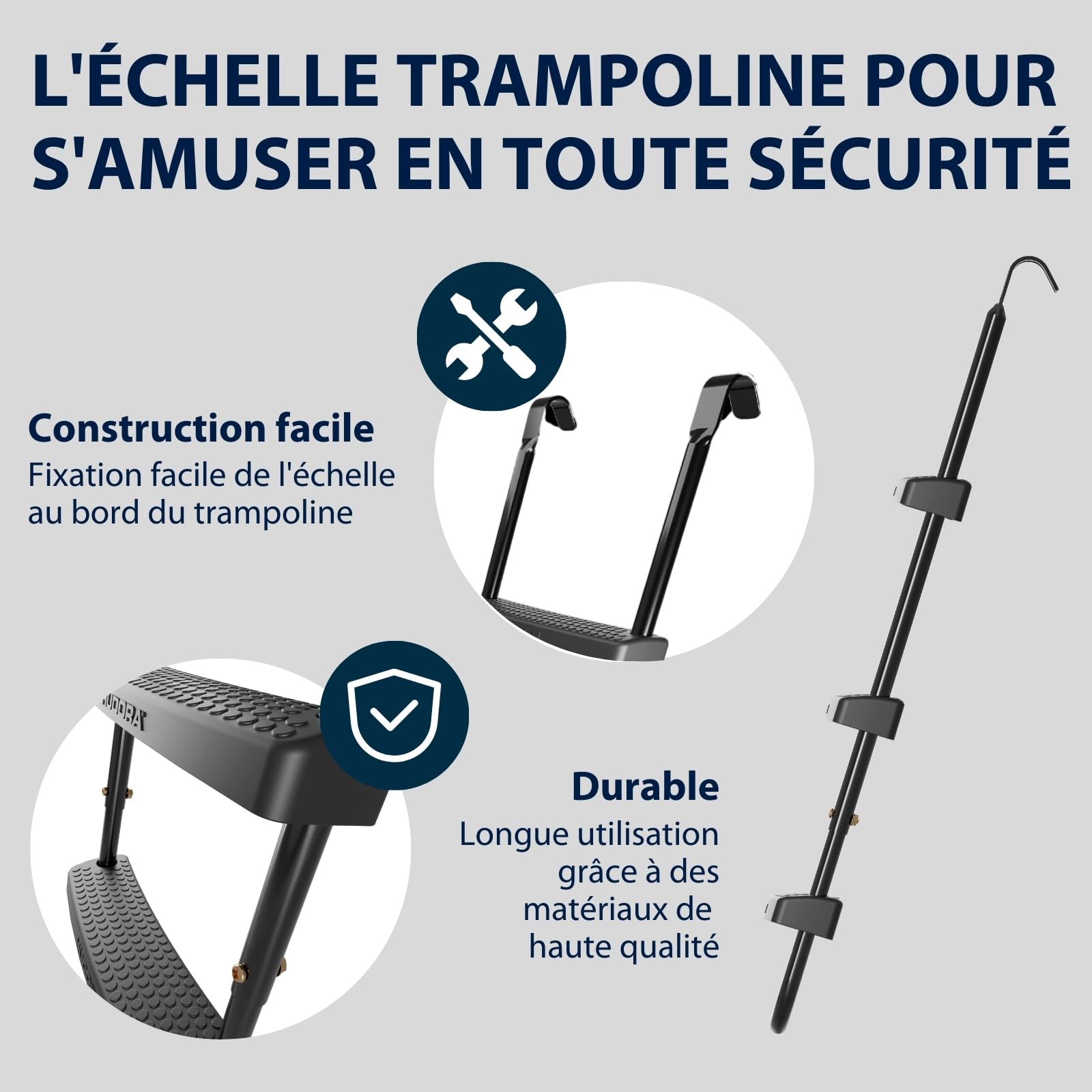 HUDORA Échelle universelle – Trampoline antidérapant avec marches larges – Échelle de sécurité réglable en hauteur pour différentes hauteurs de trampoline et résistant aux UV