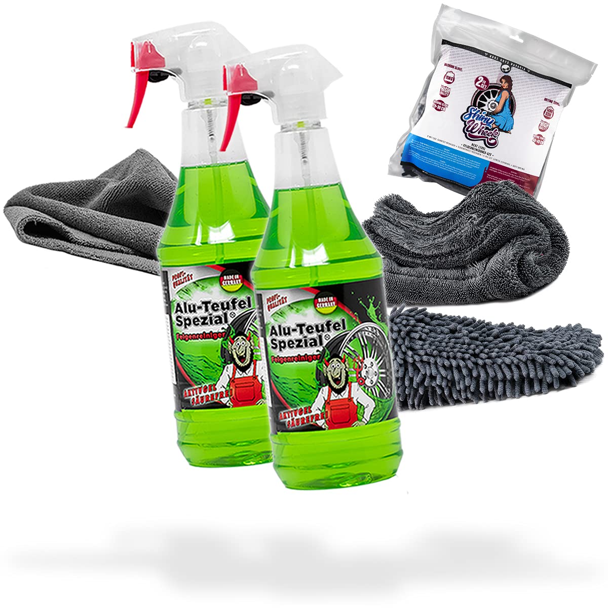 detailmate Juego de limpieza de llantas: 2 x Tuga Chemie Alu-Teufel 1 L limpiador de llantas + juego de Nuke Guys Shiny Wheels con paño y manopla de lavado + paño de microfibra Edgeless 380 GSM
