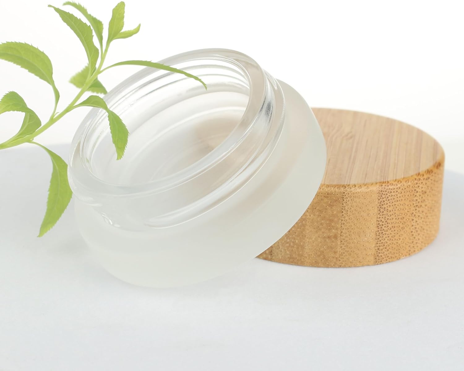 COSIDEA 18pcs Empty 1.7 OZ/50 ML Round Clear Glass Jars with Bamboo lids, Wooden Cream Jar Refillable Cosmetic Travel Containers for Lip Balm, Ointments, Lotion Packing (Frosted, 5g)