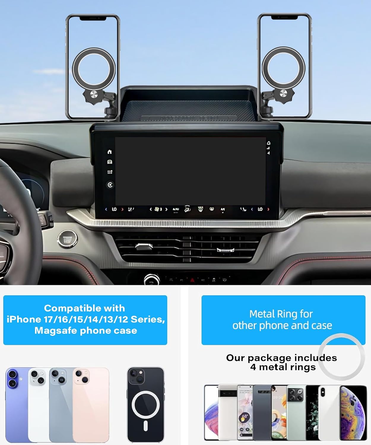 Car Phone Holder for 2025 2026 Ford Explorer (Active/ST-Line/Tremor/ST/Platinum) Accessories Apply to 13.2 Inch Touchscreen Fixed Clip MagSafe Cell Phone Mount with Dashboard Storage Tray