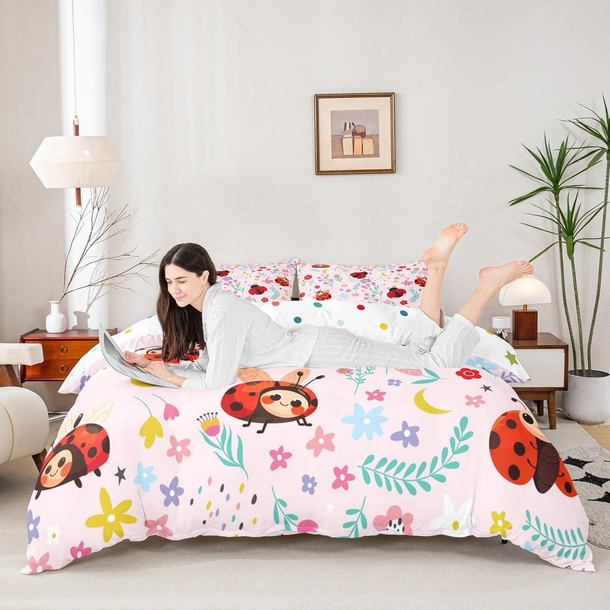 Erosebridal Floral Ladybug Comforter Cover for Kids Baby Red Ladybird Pink Animal Duvet Cover Toddler Spring Botanical Cartoon Floral Flower Bed Set Dreamy Fantasy Girly Preppy Cute Bedding Set