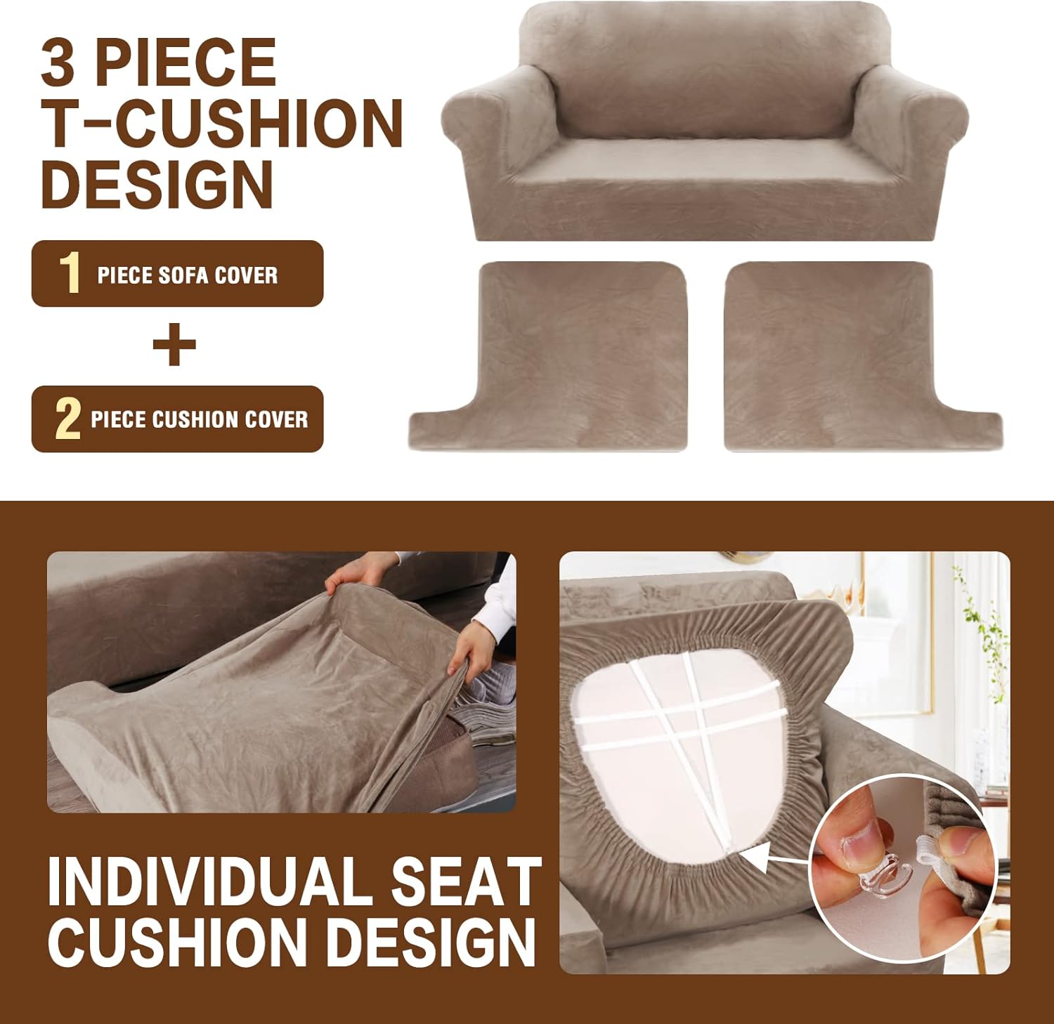Velvet T-Cushion Sofa Cover 3-Piece Set – Stretchable Loveseat Sofa Slipcover for 2-Seater Couches, Includes 2 T-Cushion Covers – Soft Furniture Protector (Taupe, Loveseat XL)